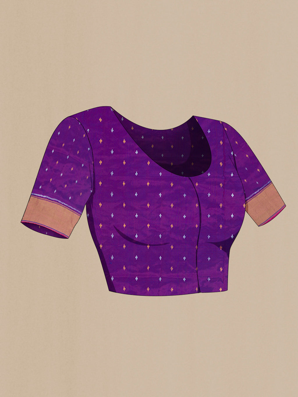 Close up image of the blouse of Magenta Pochampally Silk Saree with Ikat Print on the body and Silk Border. 