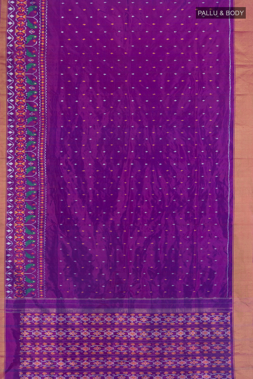Flat view of Magenta Pochampally Silk Saree with Ikat Print on the body and Silk Border. 