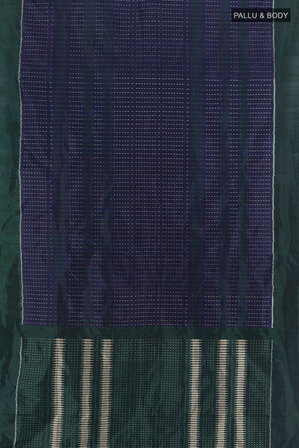 Flat view of Navy Blue Pochampally Silk Saree with Pure Ikat on the body and Plain Border. 