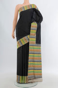Black Pochampally Silk Saree with Plain Body and Plain Border.  displayed on a mannequin
