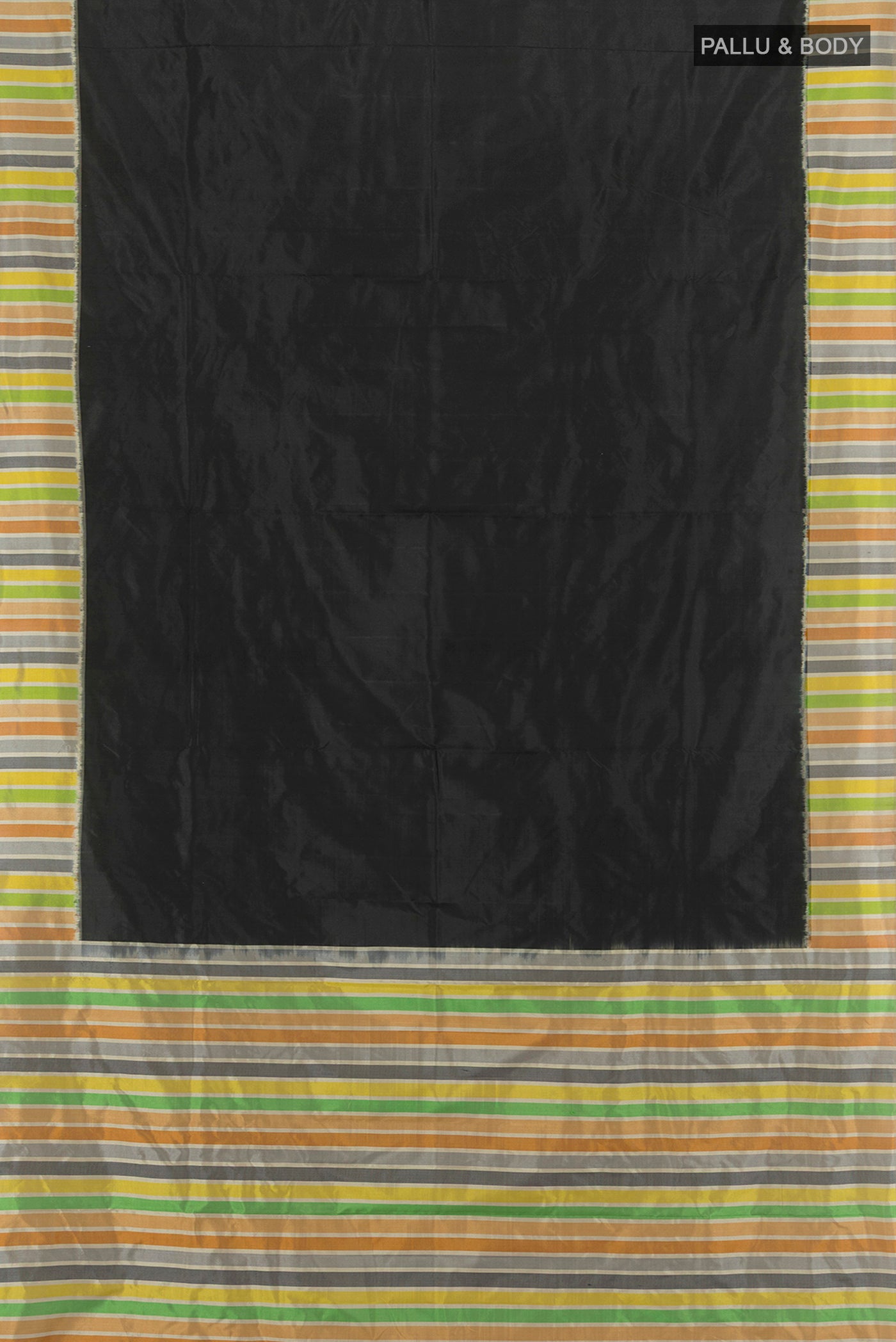 Flat view of Black Pochampally Silk Saree with Plain Body and Plain Border. 
