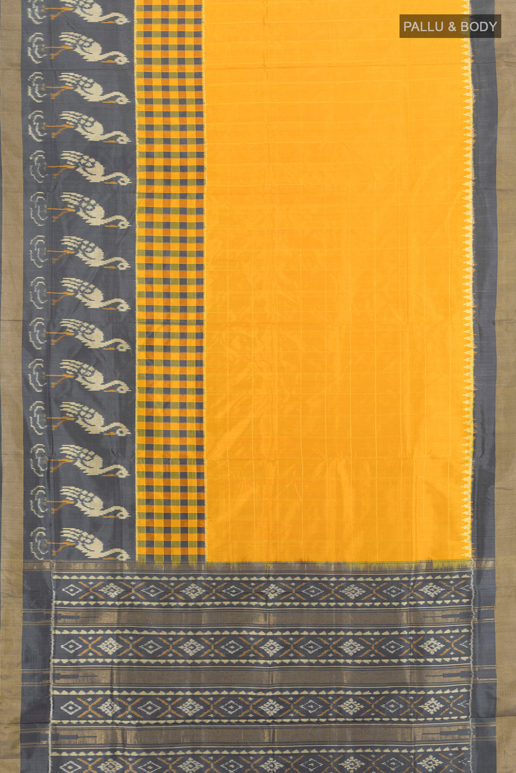 Flat view of Yellow Pochampally Silk Saree with Plain Body and Zari Border. 