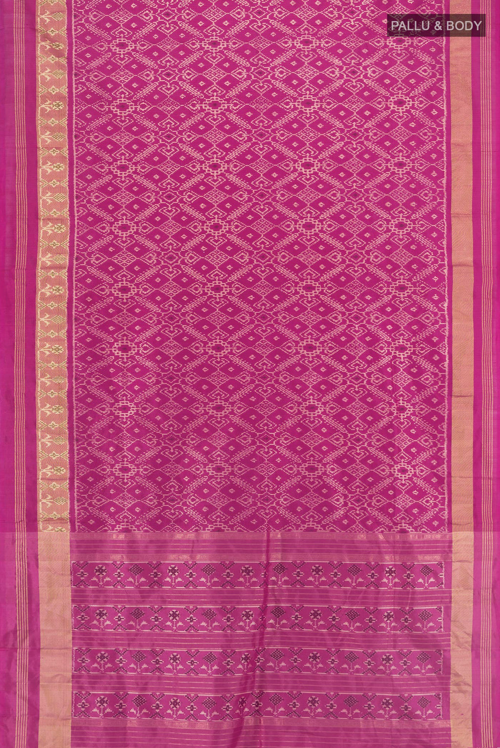 Flat view of Pink Pochampally Silk Saree with Pure Ikat on the body and Ikat Border. 