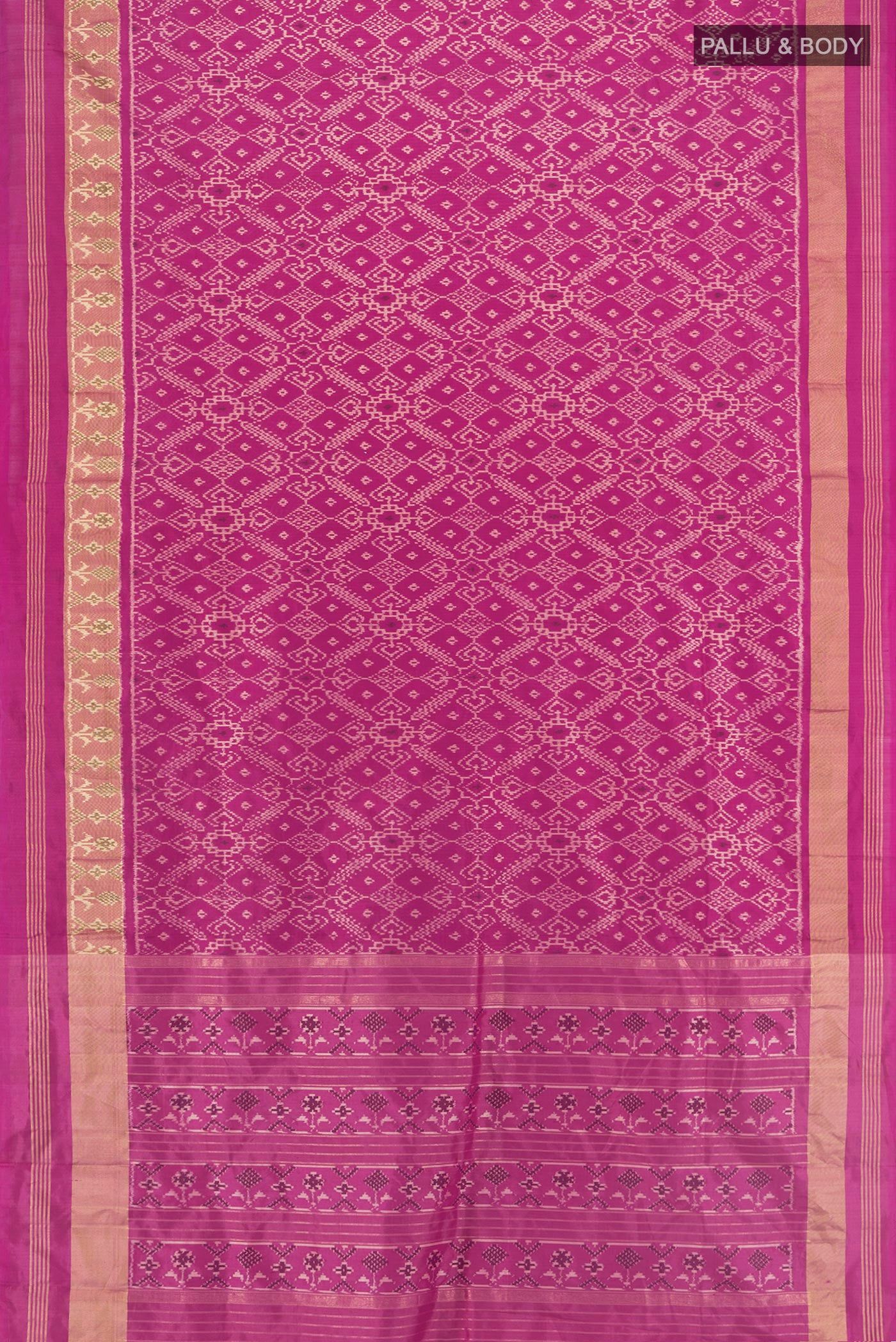 Flat view of Pink Pochampally Silk Saree with Pure Ikat on the body and Ikat Border. 