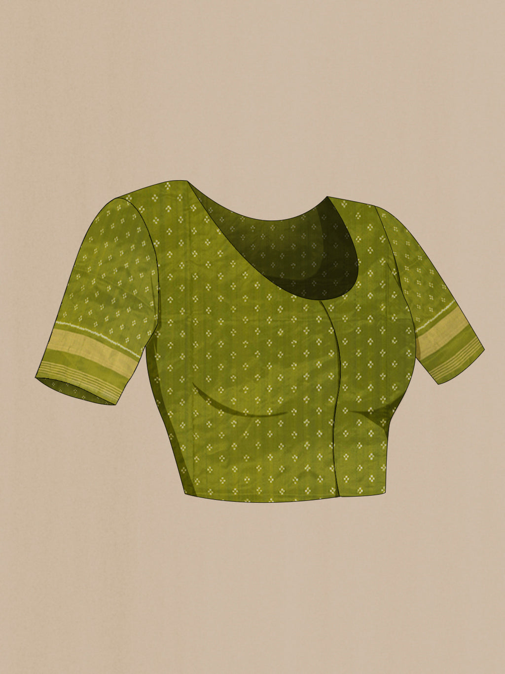 Close up image of the blouse of Light Green Pochampally Silk Saree with Pure Ikat on the body and Zari Border. 