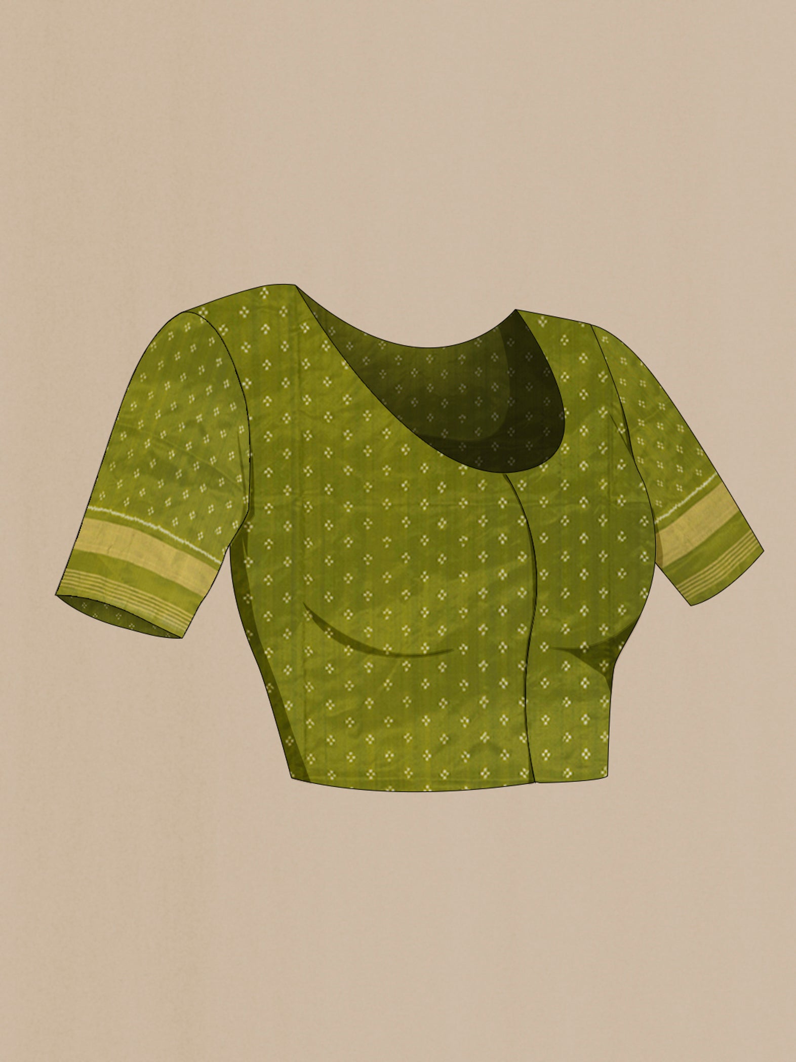 Close up image of the blouse of Light Green Pochampally Silk Saree with Pure Ikat on the body and Zari Border. 