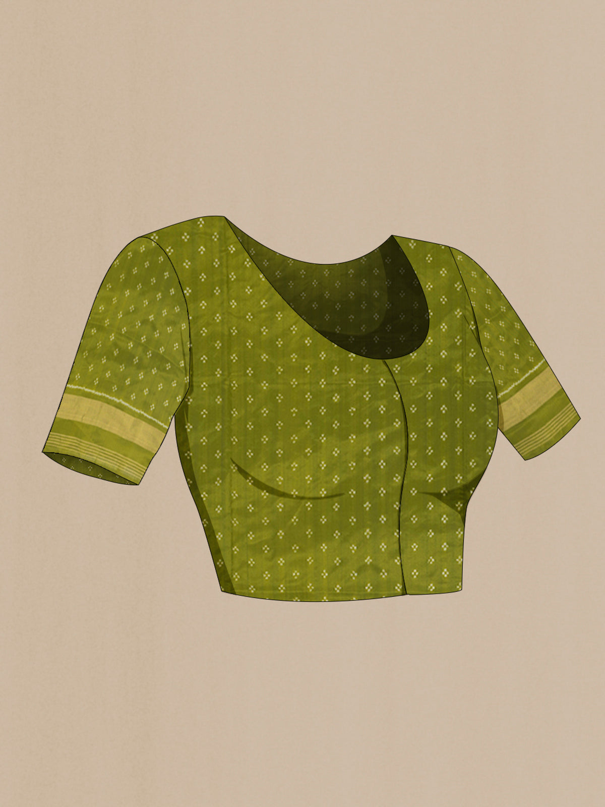 Close up image of the blouse of Light Green Pochampally Silk Saree with Pure Ikat on the body and Zari Border. 