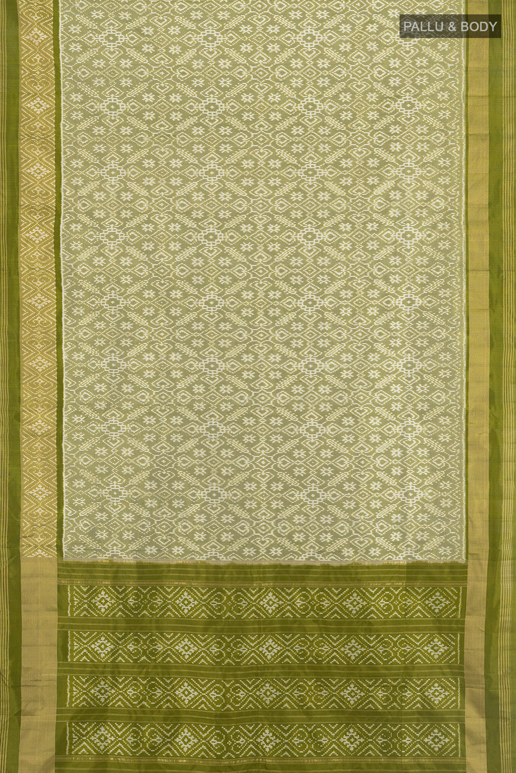 Flat view of Light Green Pochampally Silk Saree with Pure Ikat on the body and Zari Border. 