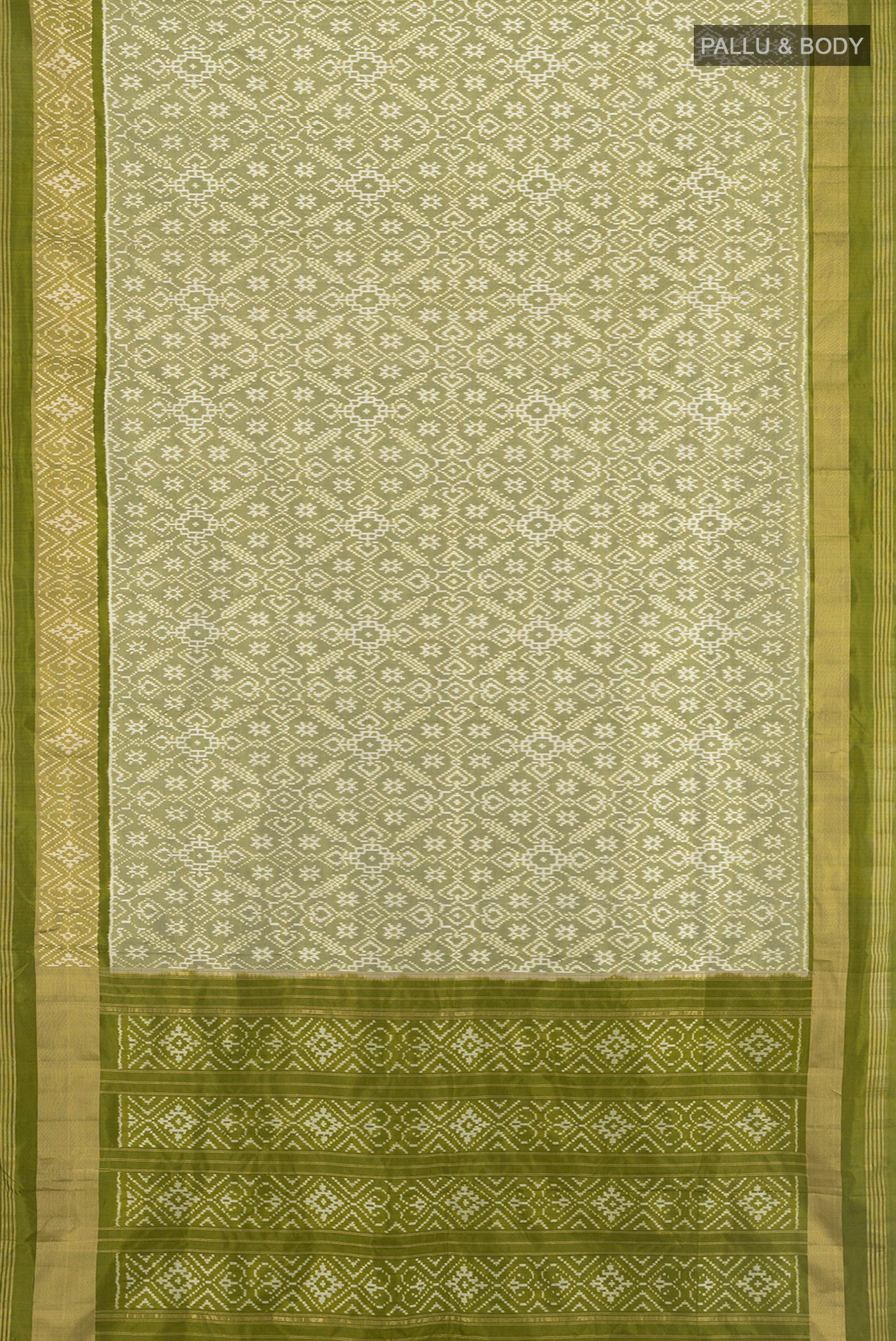 Flat view of Light Green Pochampally Silk Saree with Pure Ikat on the body and Zari Border. 