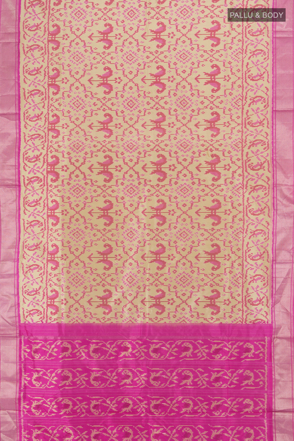 Flat view of Beige Pochampally Silk Saree with Pure Ikat on the body and Zari Border. 