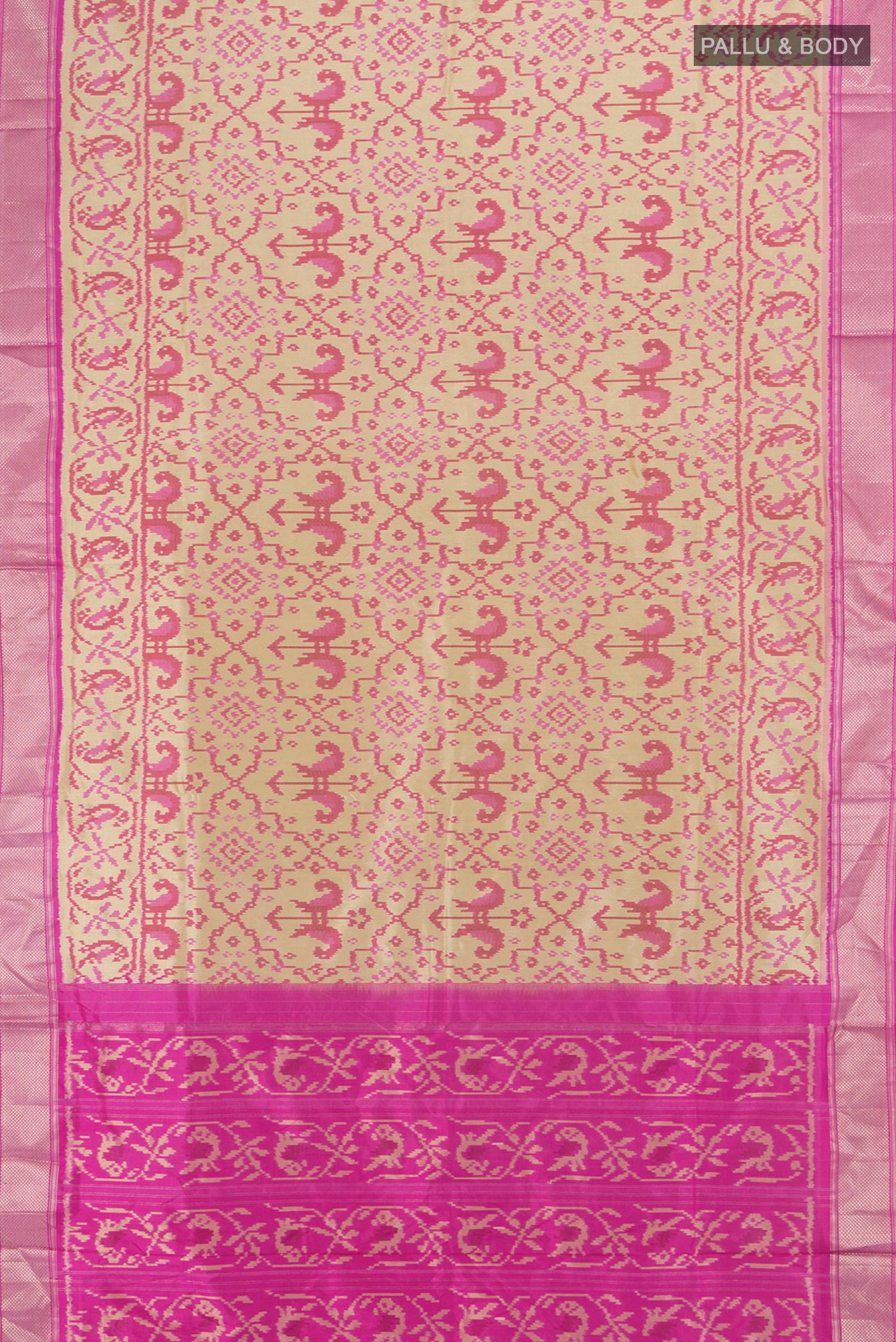 Flat view of Beige Pochampally Silk Saree with Pure Ikat on the body and Zari Border. 
