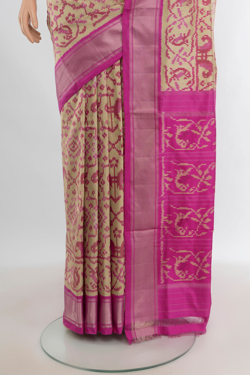 Pleats and pallu of Beige Pochampally Silk Saree with Pure Ikat on the body and Zari Border. 