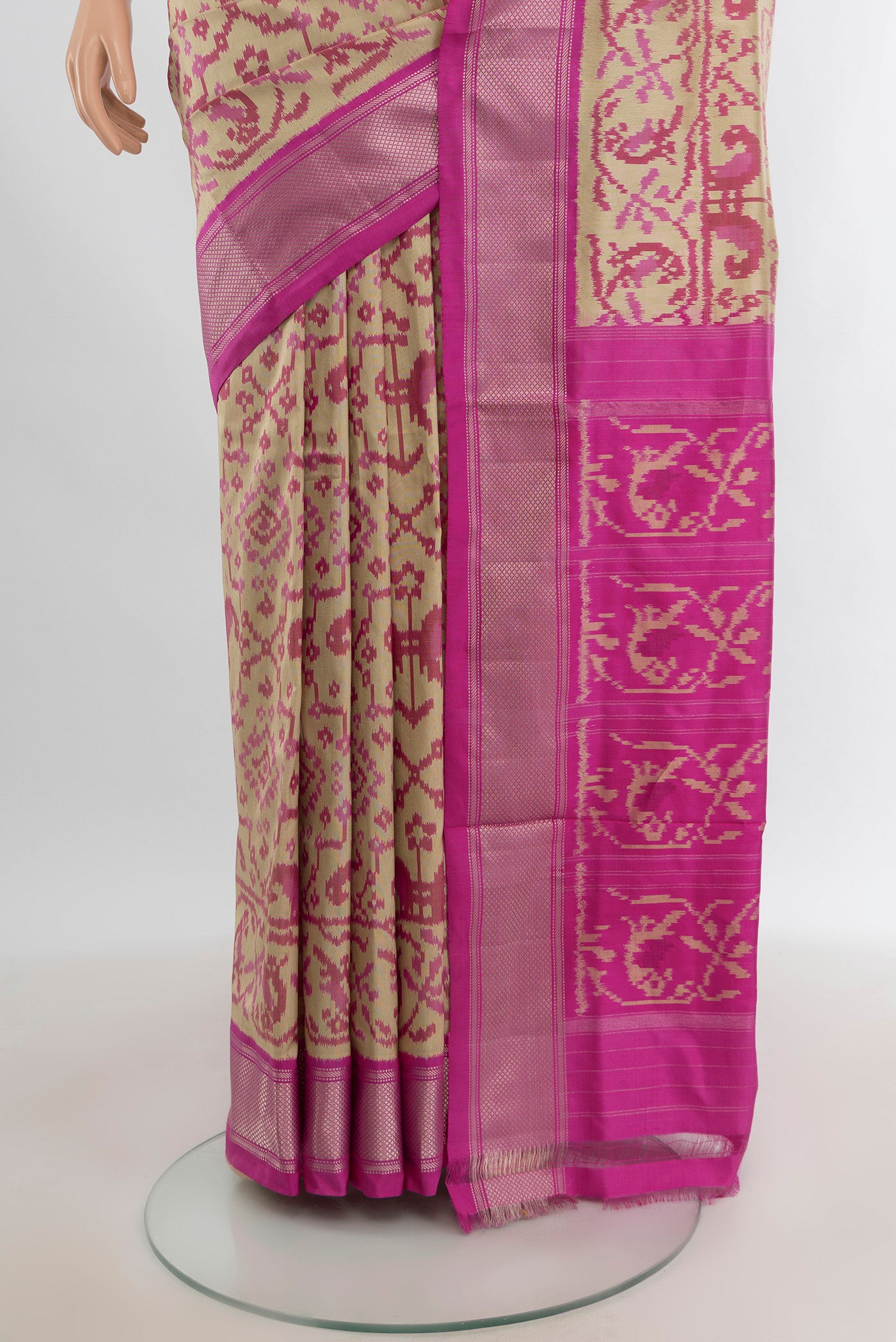 Pleats and pallu of Beige Pochampally Silk Saree with Pure Ikat on the body and Zari Border. 