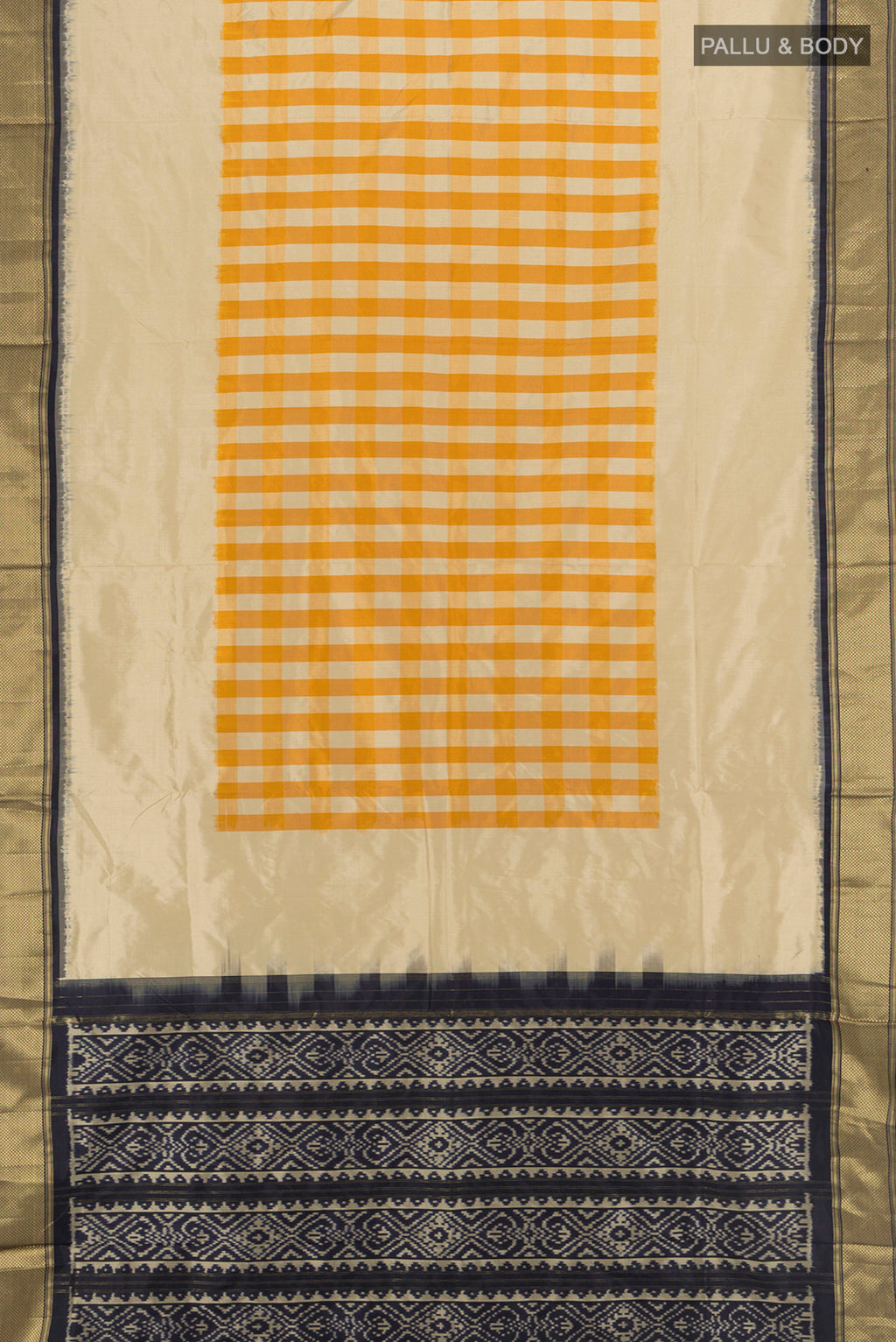 Flat view of Multi Color Pochampally Silk Saree with Checked design on the body and Zari Border. 