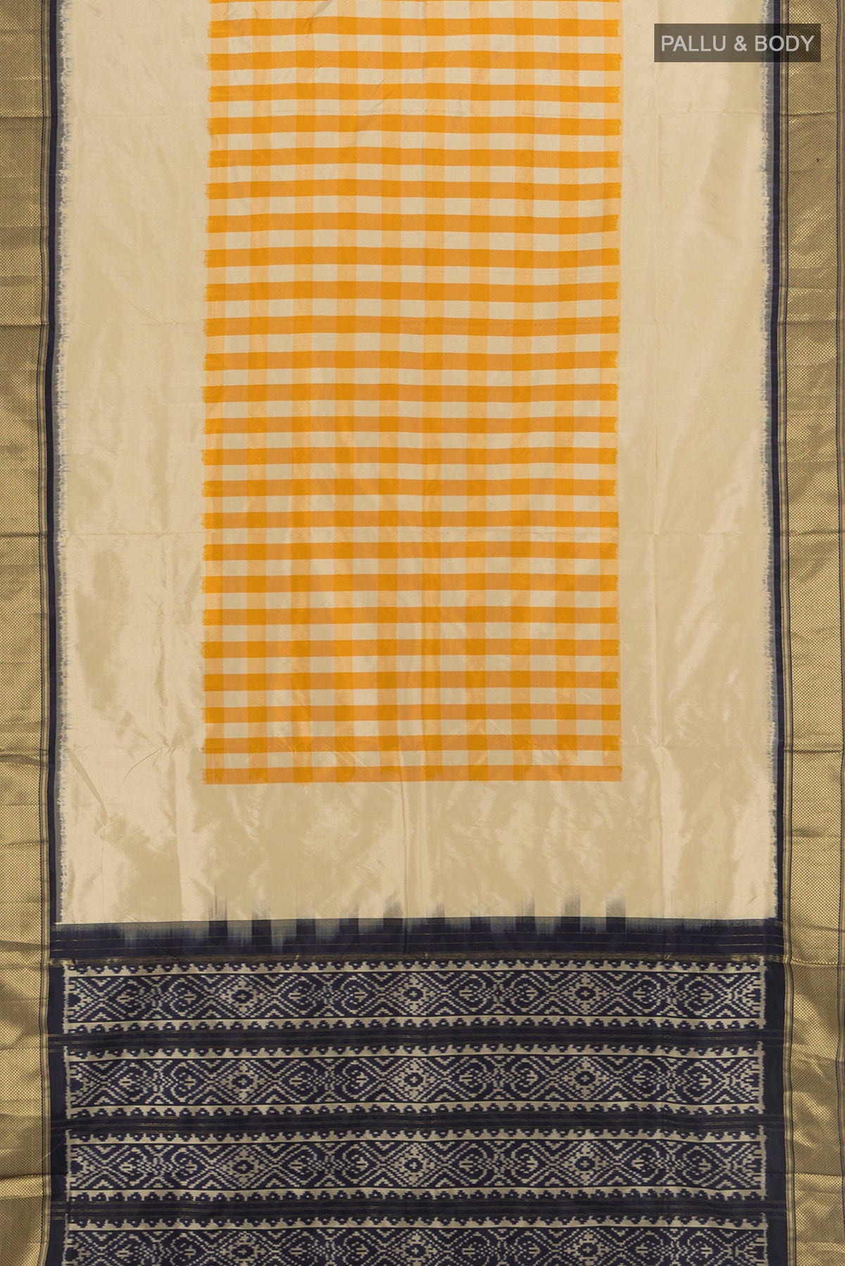 Flat view of Multi Color Pochampally Silk Saree with Checked design on the body and Zari Border. 