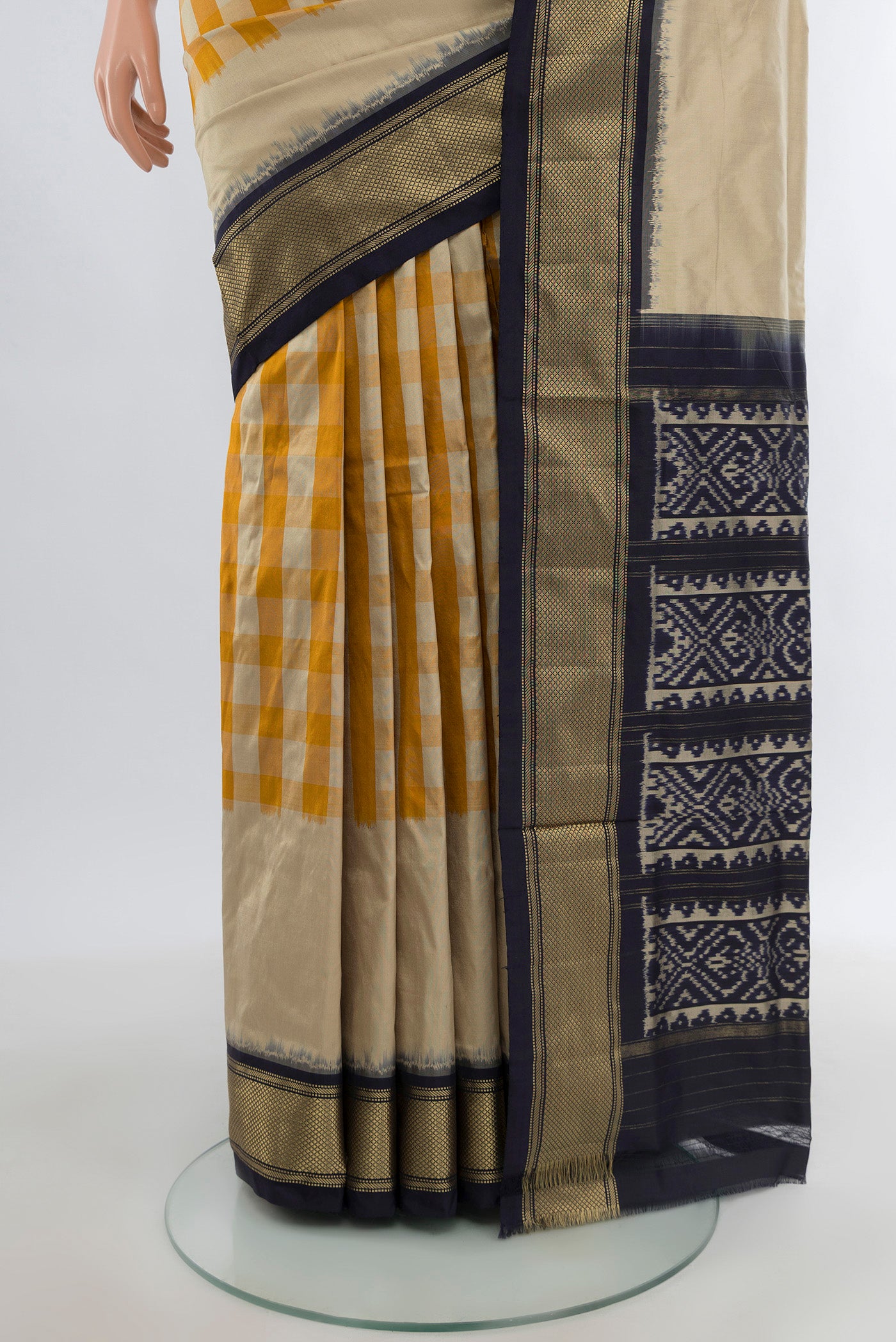 Pleats and pallu of Multi Color Pochampally Silk Saree with Checked design on the body and Zari Border. 