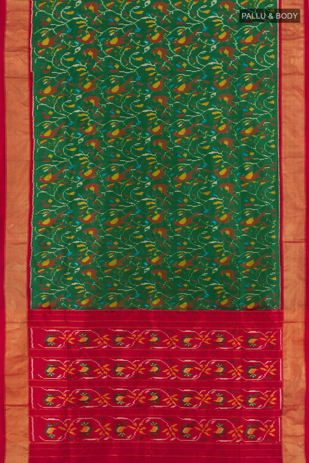 Flat view of Green Pochampally Silk Saree with Ikat design on the body and Zari Border. 