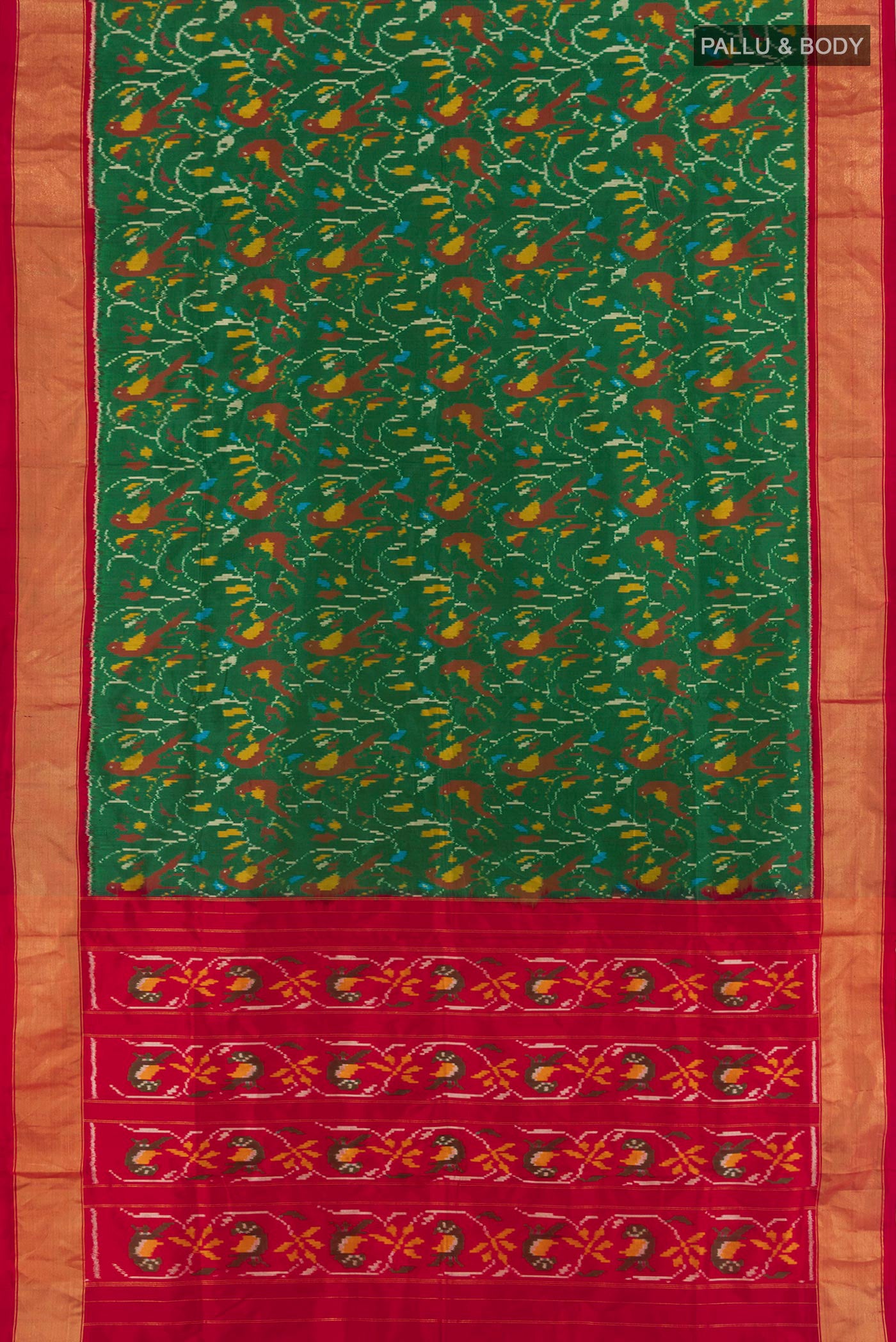 Flat view of Green Pochampally Silk Saree with Ikat design on the body and Zari Border. 