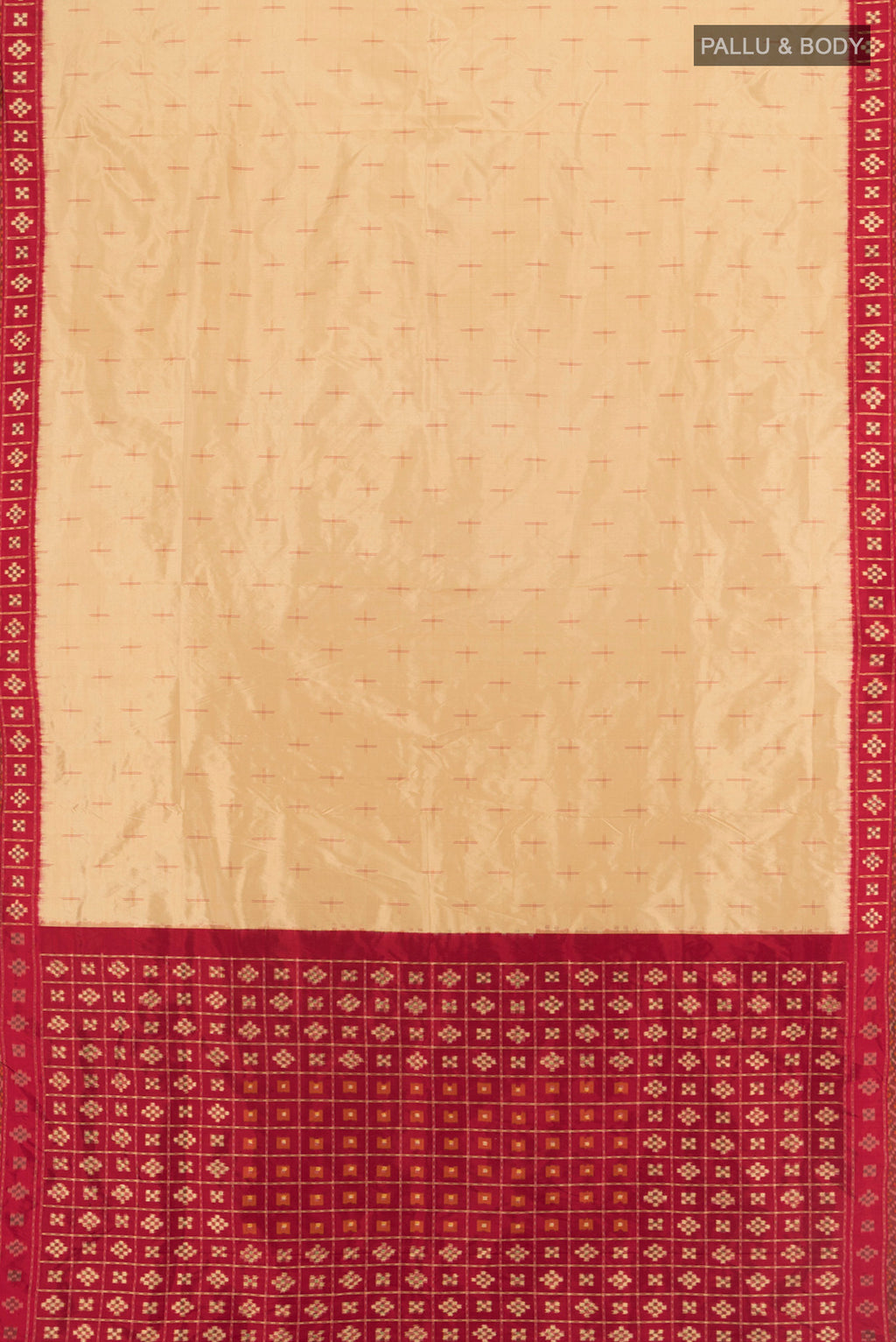 Flat view of Sandal Pochampally Silk Saree with Pure Ikat on the body and Ikat Border. 