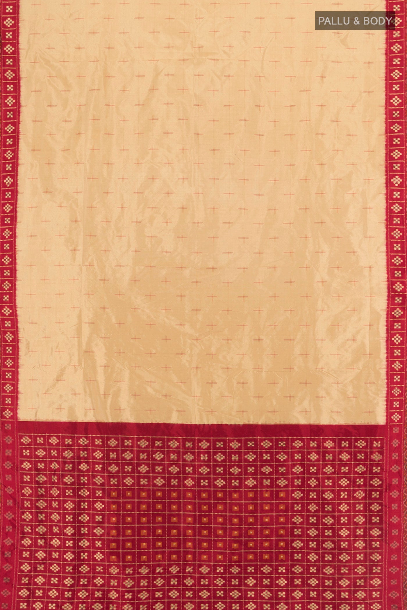 Flat view of Sandal Pochampally Silk Saree with Pure Ikat on the body and Ikat Border. 