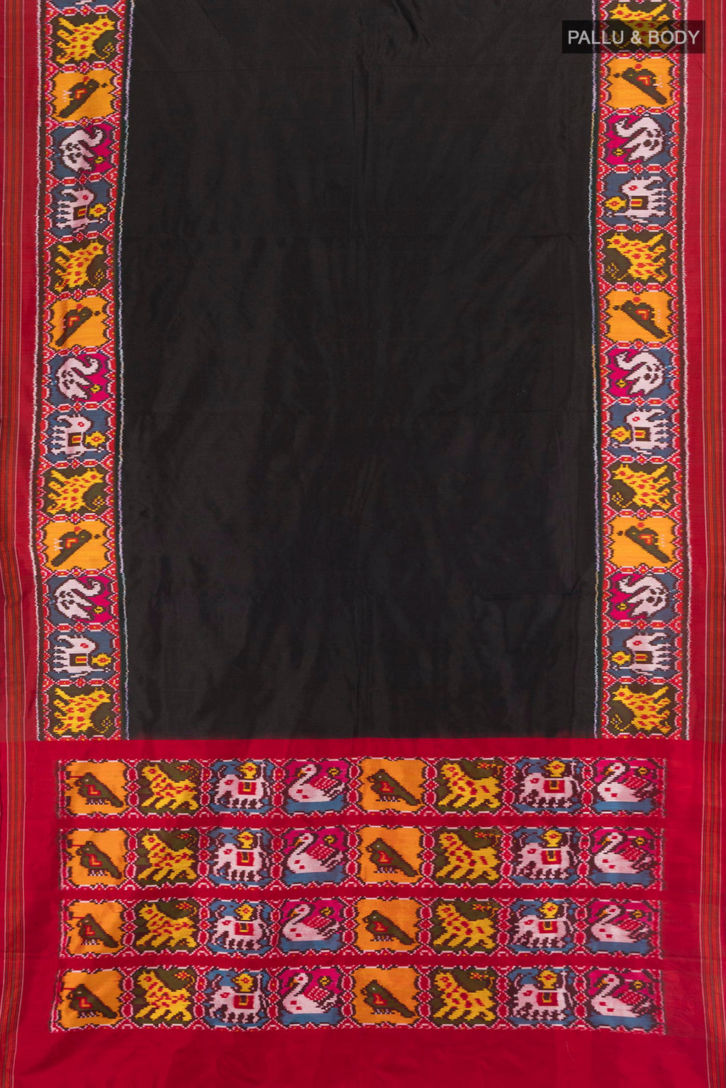 Flat view of Black Pochampally Silk Saree with Plain Body and Ikat Border. 