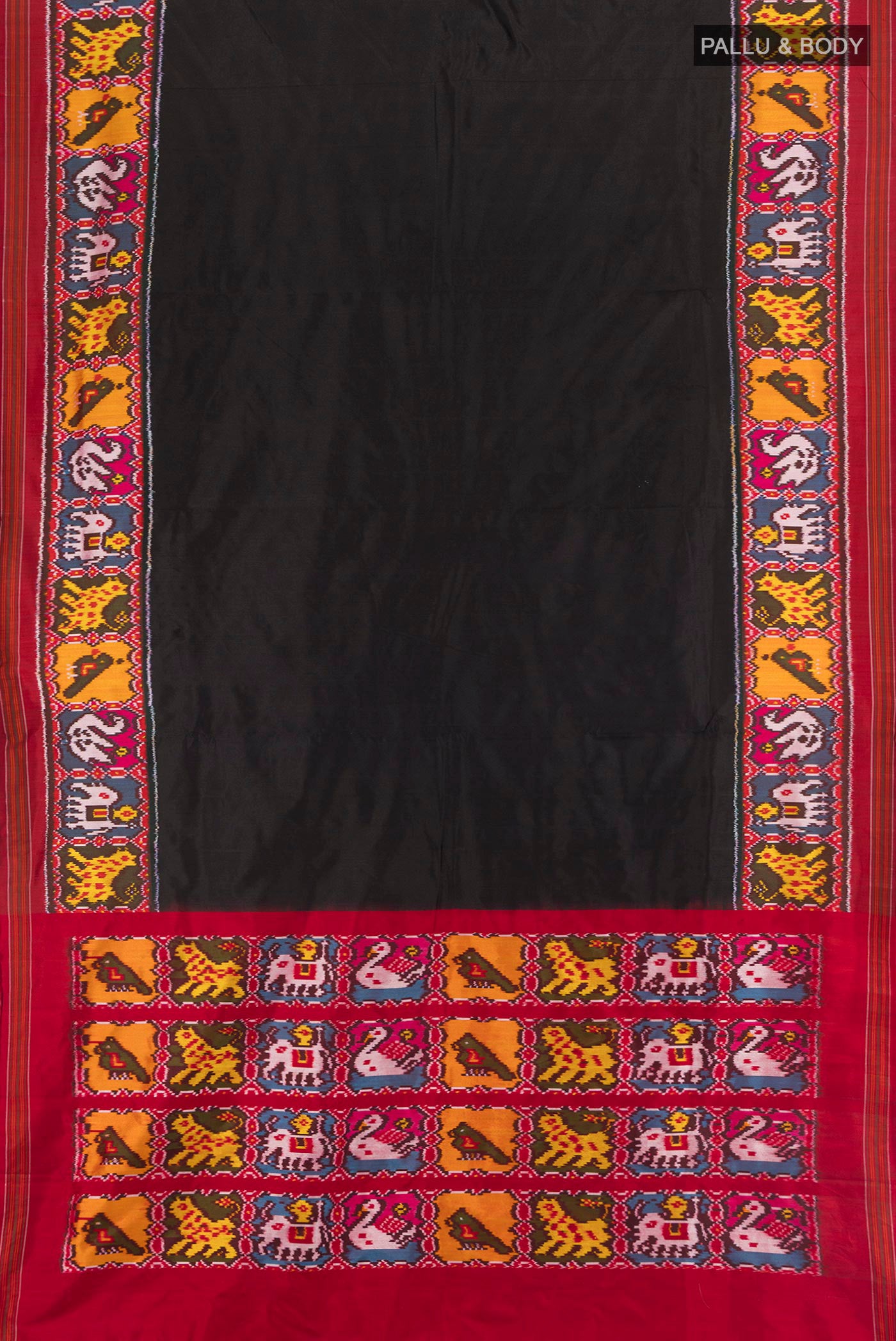Flat view of Black Pochampally Silk Saree with Plain Body and Ikat Border. 