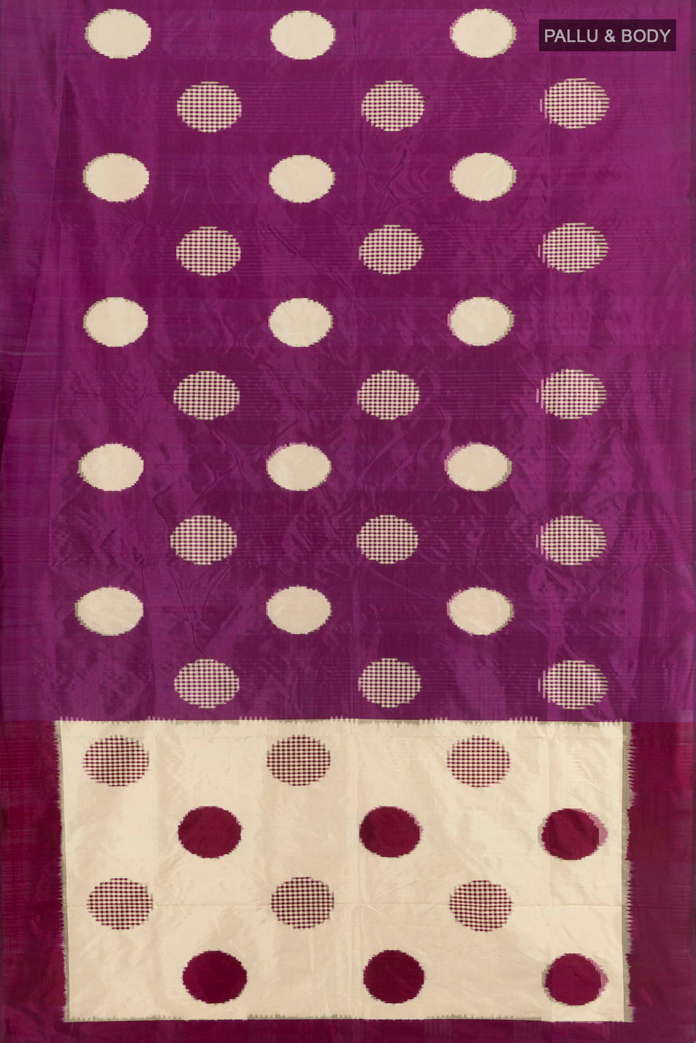 Flat view of Purple Pochampally Silk Saree with Pure Ikat on the body and Without Border. 