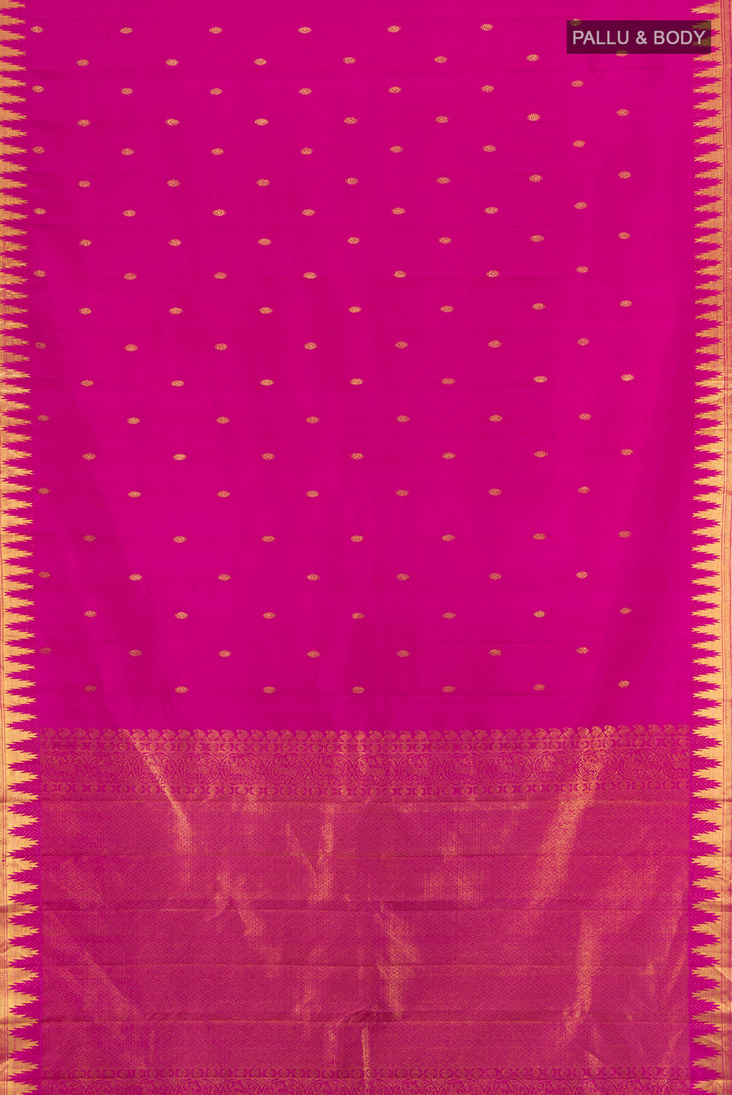 Flat view of Rani Pink Kanjivaram Silk Saree with Zari Butta on the body and Zari Border. 