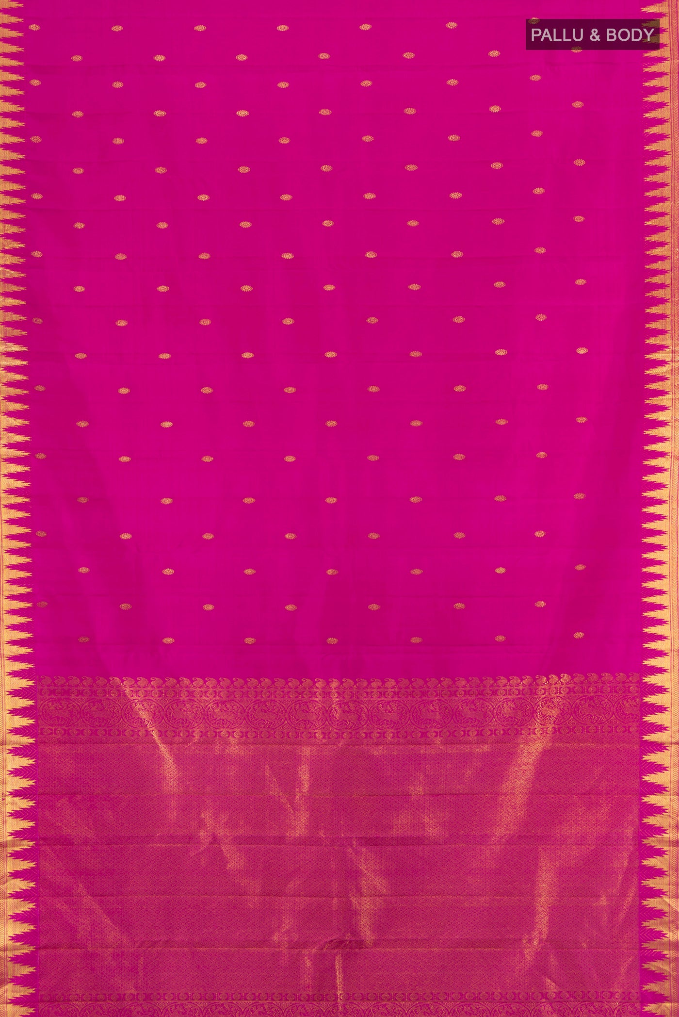 Flat view of Rani Pink Kanjivaram Silk Saree with Zari Butta on the body and Zari Border. 