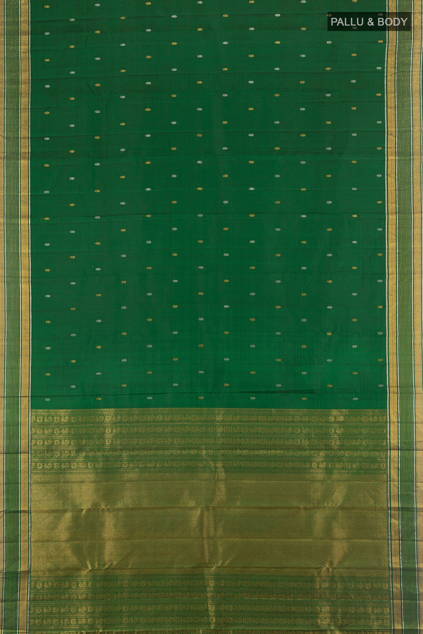 Flat view of Bottle Green Kanjivaram Silk Saree with Zari Butta on the body and Zari Border. 