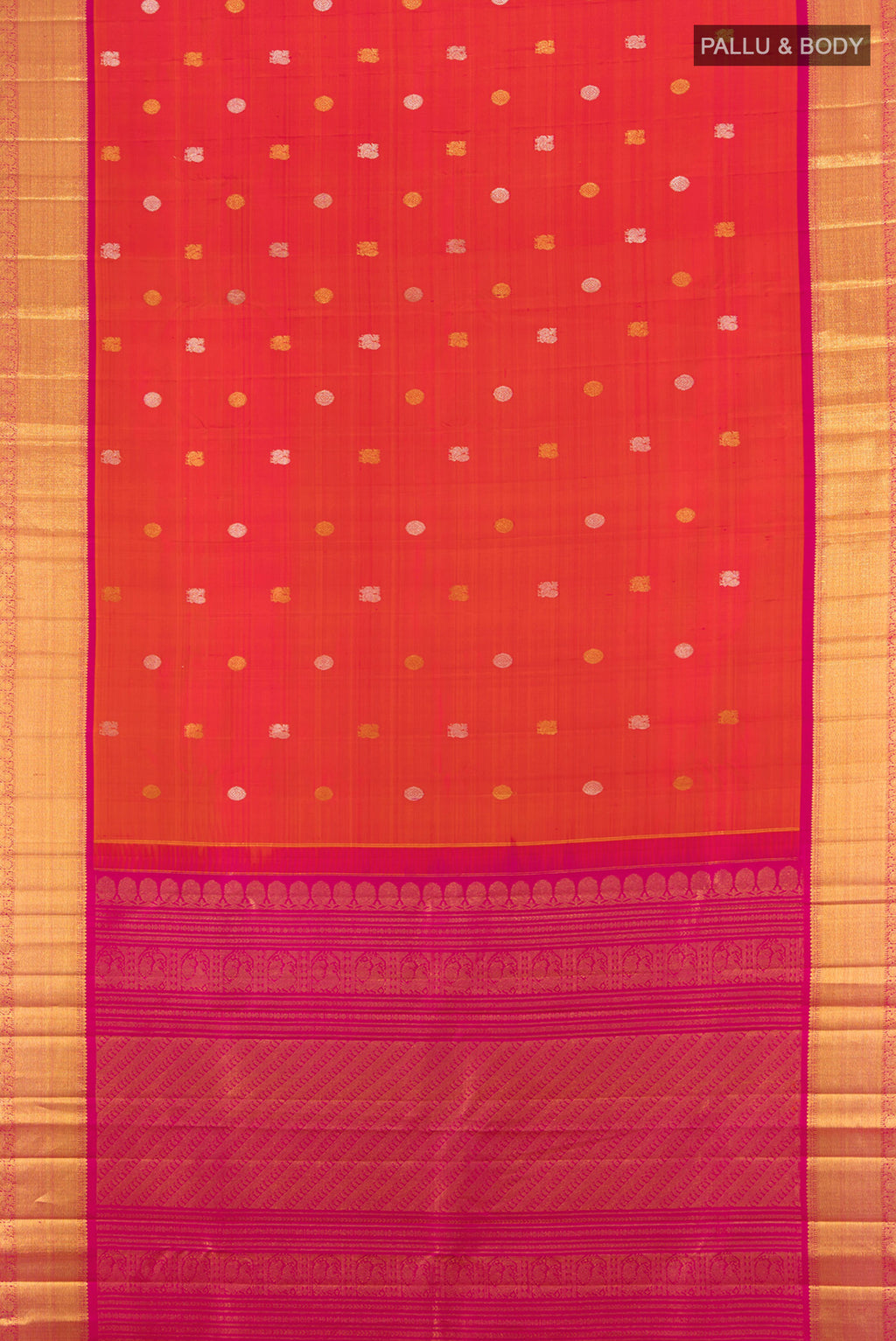 Flat view of Coral Kanjivaram Silk Saree with Zari Butta on the body and Zari Border. 