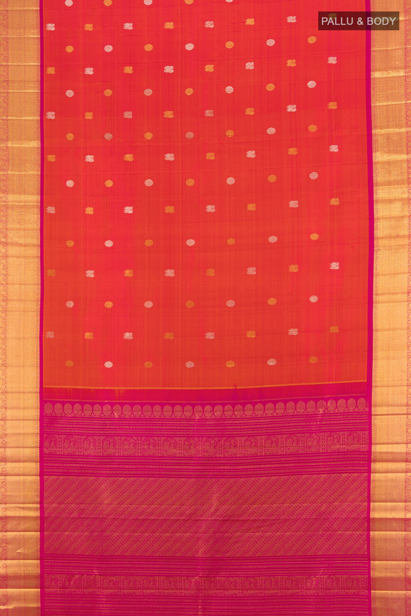 Flat view of Coral Kanjivaram Silk Saree with Zari Butta on the body and Zari Border. 