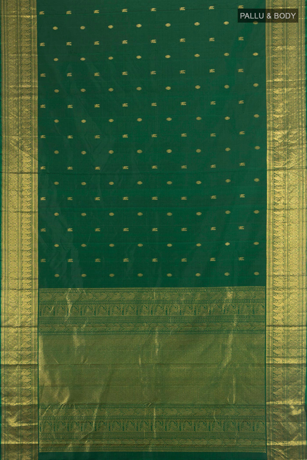 Flat view of Pure Silk Pure Zari Mint Green Kanjivaram Saree with Zari Butta on the body and Silk Border. 