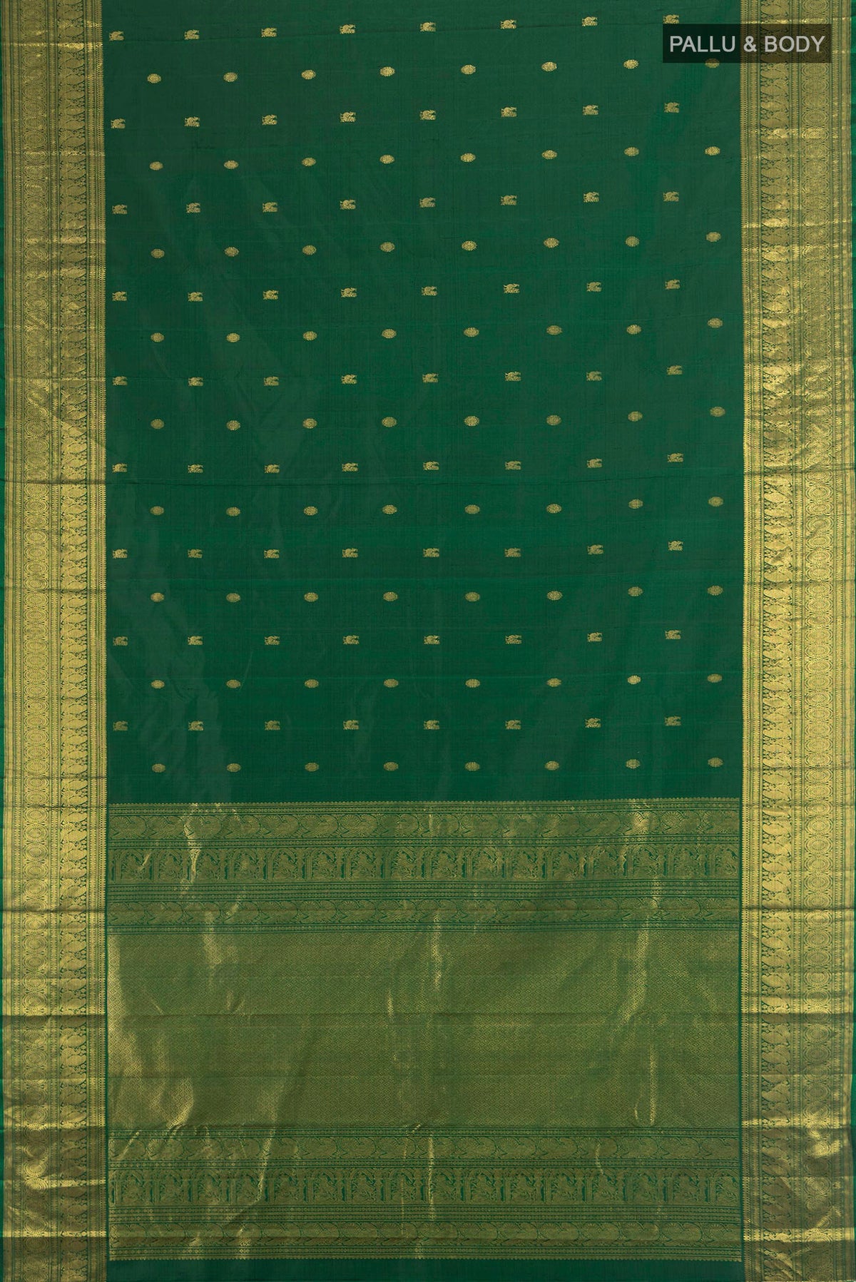 Flat view of Pure Silk Pure Zari Mint Green Kanjivaram Saree with Zari Butta on the body and Silk Border. 