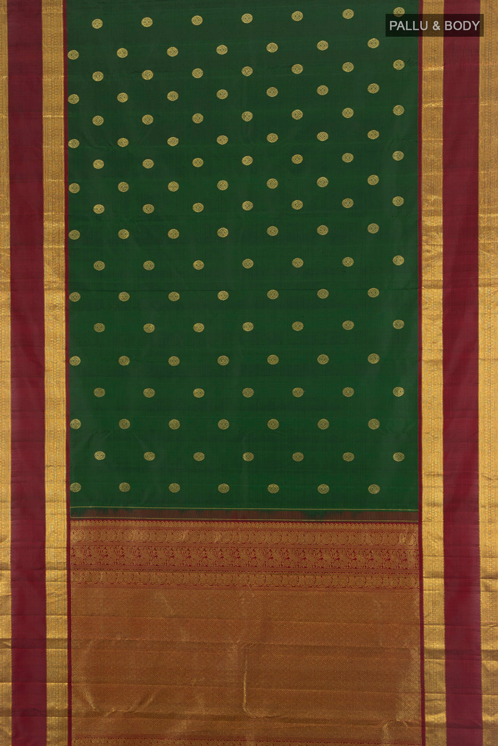 Flat view of Bottle Green Kanjivaram Silk Saree with Zari Butta on the body and Zari Border. 