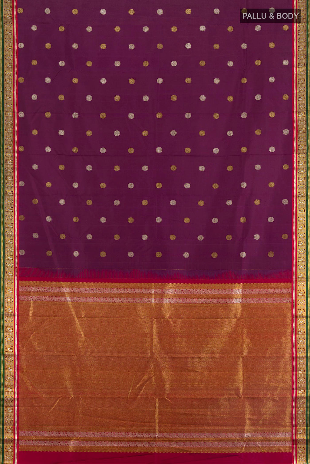 Flat view of Purple Kanjivaram Silk Saree with Zari Butta on the body and Zari Border. 
