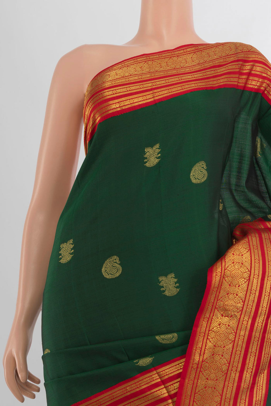 Border image of Pure Silk Bottle Green Kanchipuram Saree with Zari Butta on the body and Silk Border. 