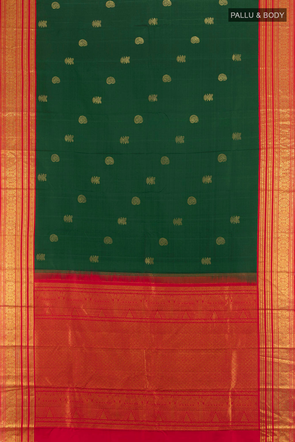 Flat view of Pure Silk Bottle Green Kanchipuram Saree with Zari Butta on the body and Silk Border. 