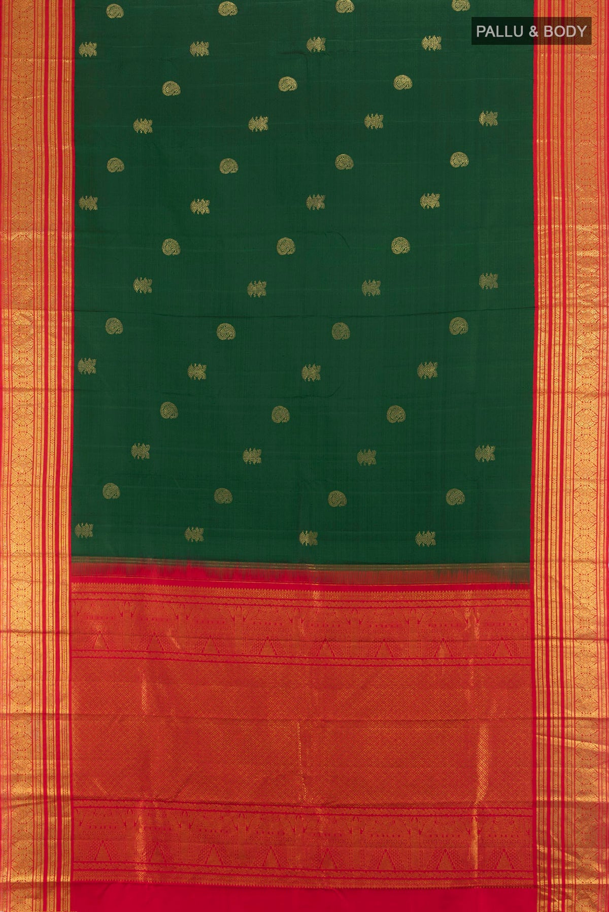 Flat view of Pure Silk Bottle Green Kanchipuram Saree with Zari Butta on the body and Silk Border. 