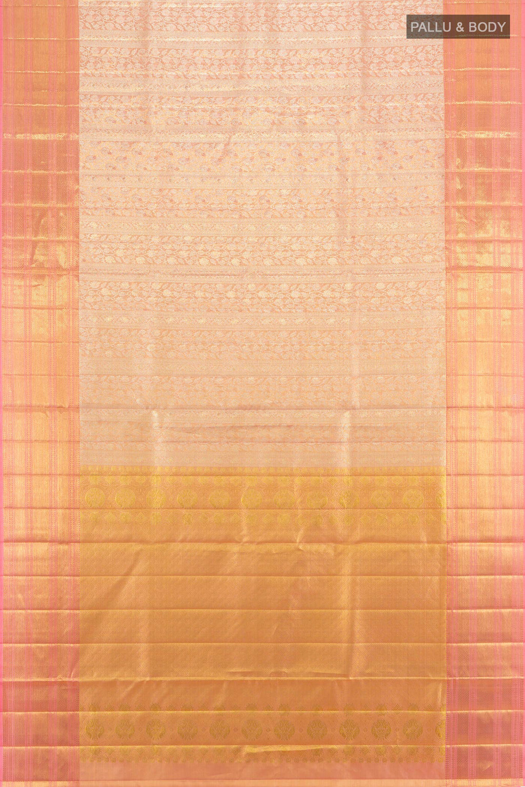 Flat view of Golden Kanjivaram Tissue Silk Saree with Zari Brocade on the body and Zari Border. 