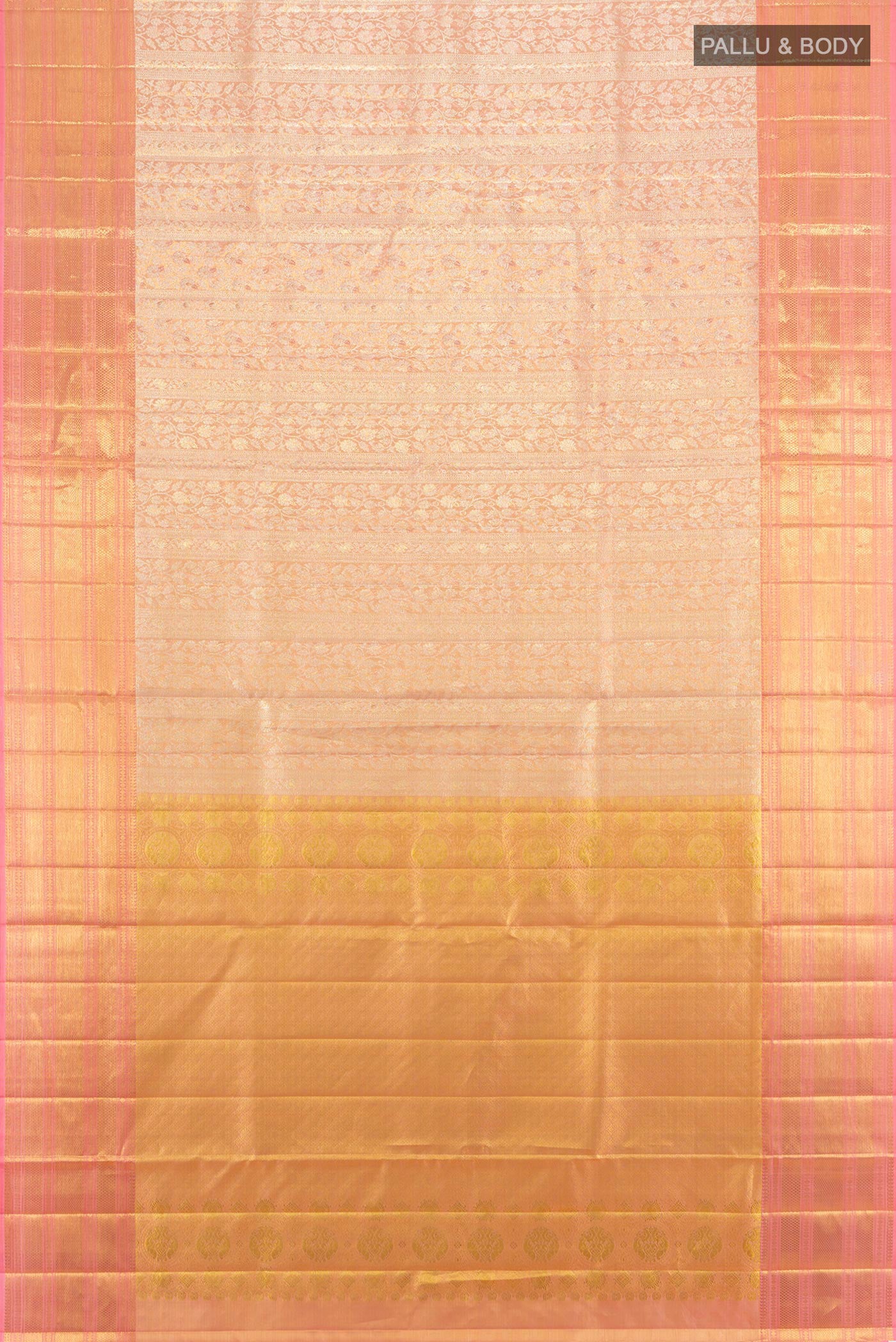 Flat view of Golden Kanjivaram Tissue Silk Saree with Zari Brocade on the body and Zari Border. 