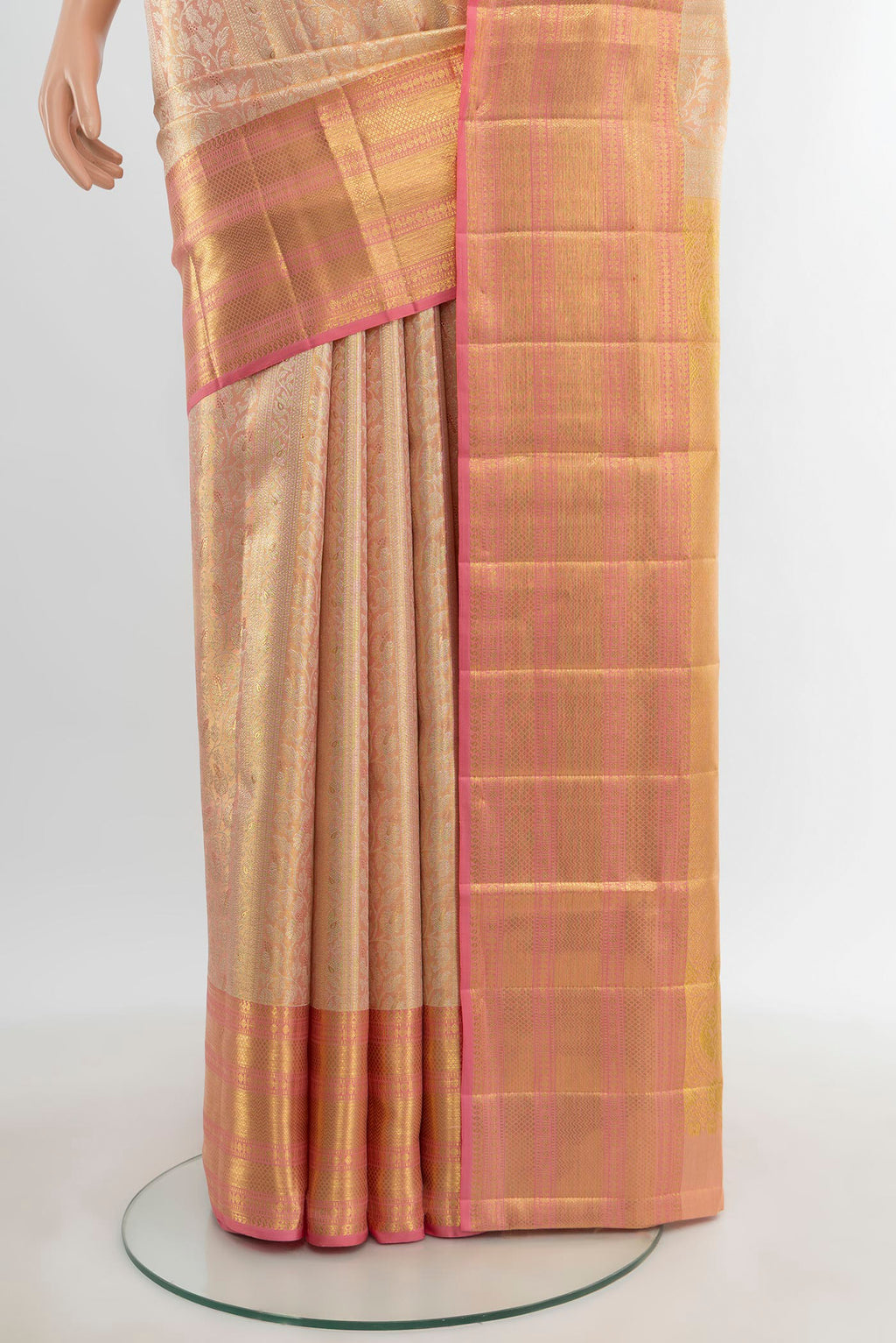 Pleats and pallu of Golden Kanjivaram Tissue Silk Saree with Zari Brocade on the body and Zari Border. 
