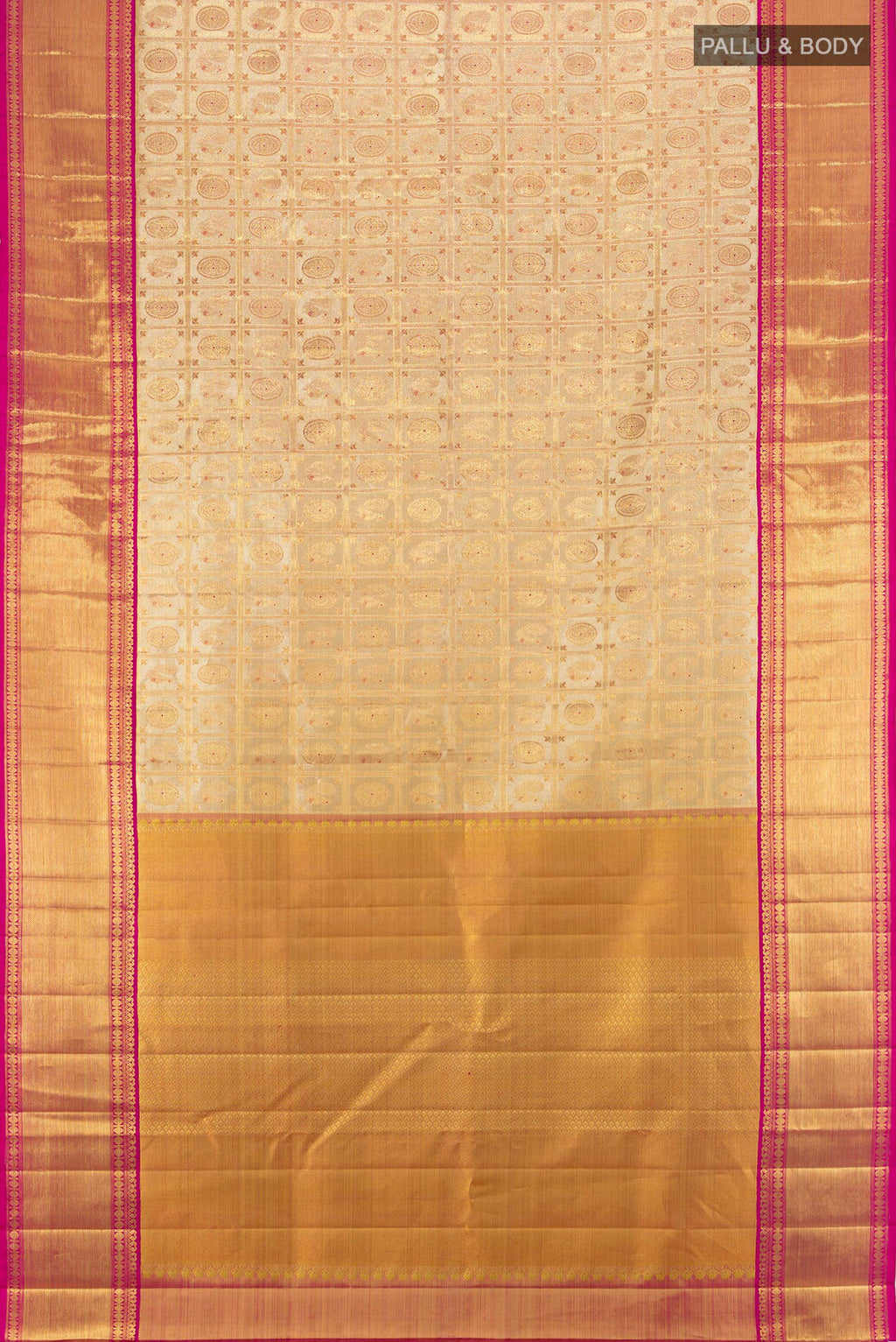 Flat view of Golden Kanjivaram Tissue Silk Saree with Zari Brocade on the body and Zari Border. 
