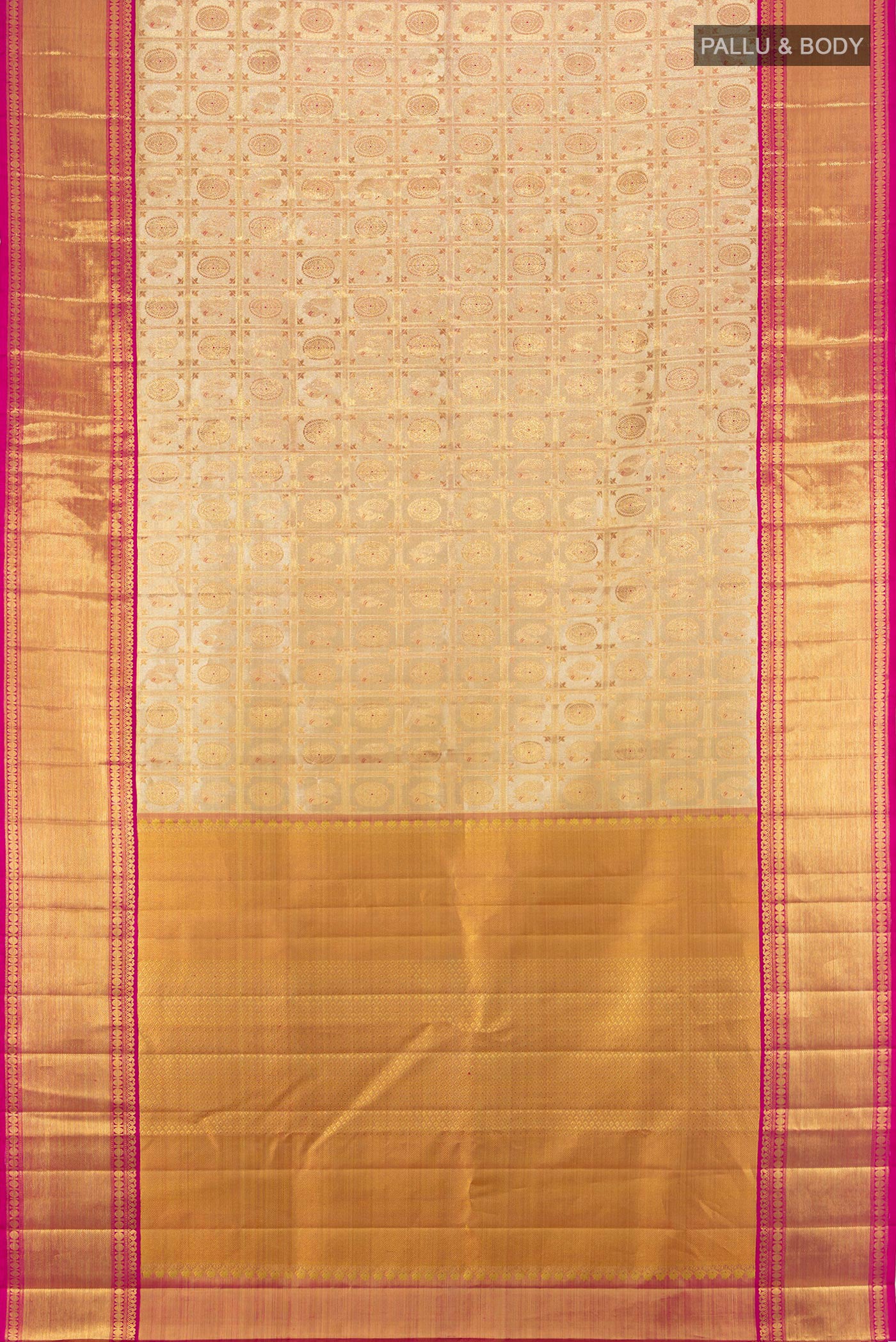 Flat view of Golden Kanjivaram Tissue Silk Saree with Zari Brocade on the body and Zari Border. 