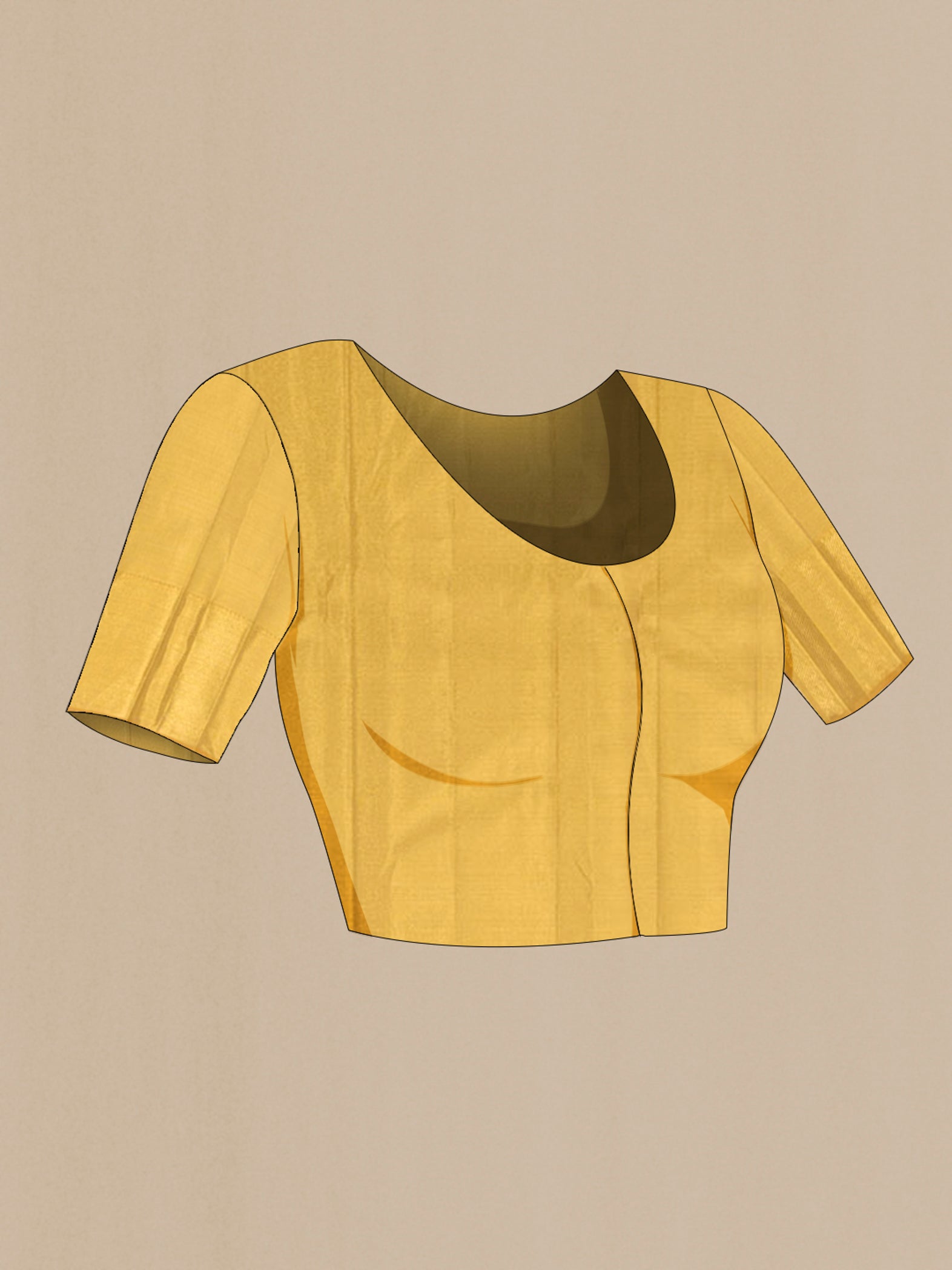 Close up image of the blouse of Pure Silk Pure Zari Golden Kanjivaram Tissue Saree with Zari Brocade on the body and Zari Border. 