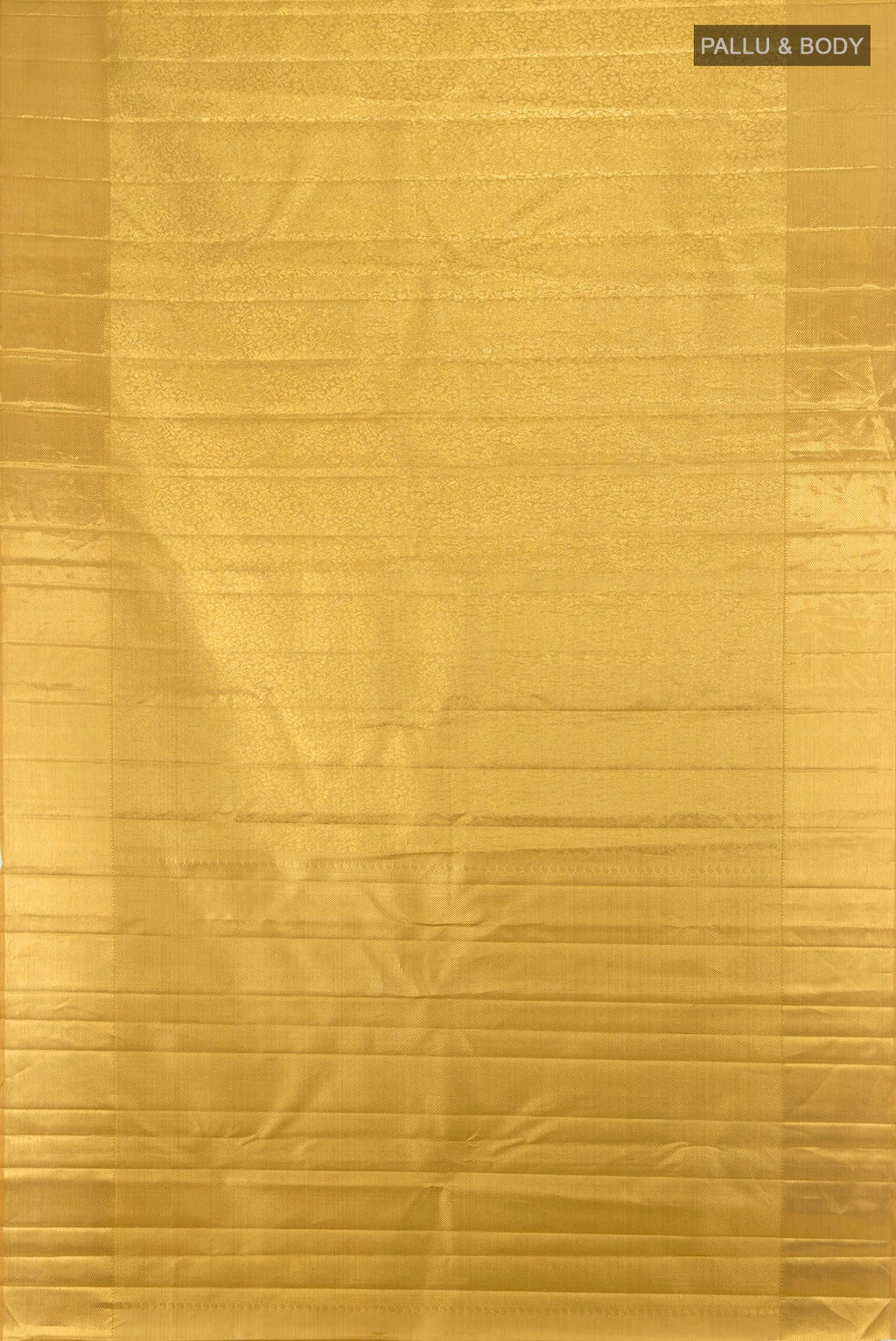 Flat view of Pure Silk Pure Zari Golden Kanjivaram Tissue Saree with Zari Brocade on the body and Zari Border. 