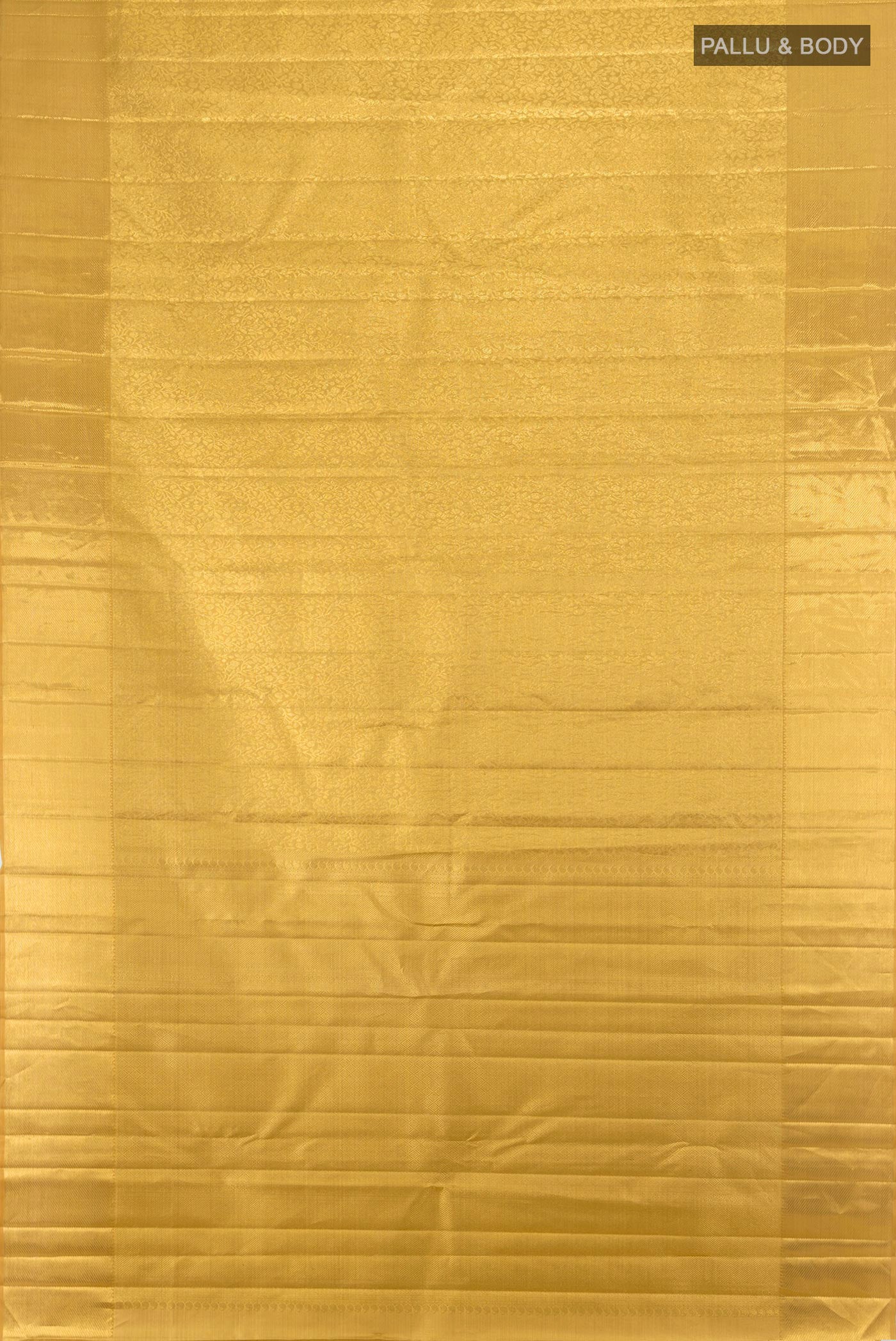 Flat view of Pure Silk Pure Zari Golden Kanjivaram Tissue Saree with Zari Brocade on the body and Zari Border. 