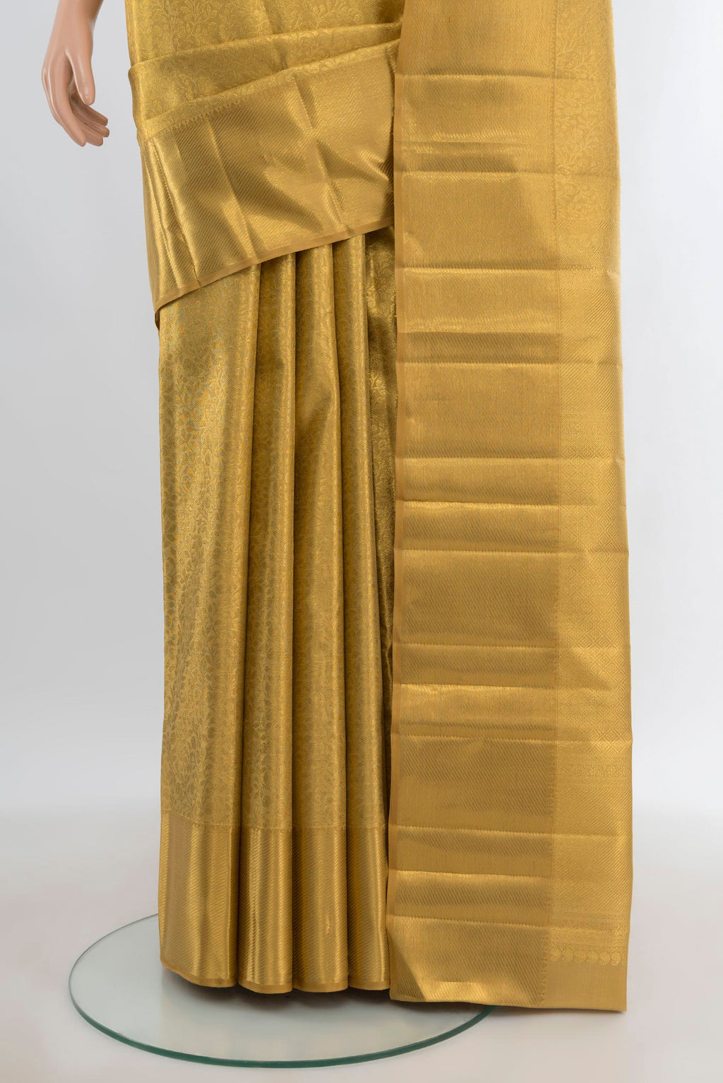 Pleats and pallu of Pure Silk Pure Zari Golden Kanjivaram Tissue Saree with Zari Brocade on the body and Zari Border. 