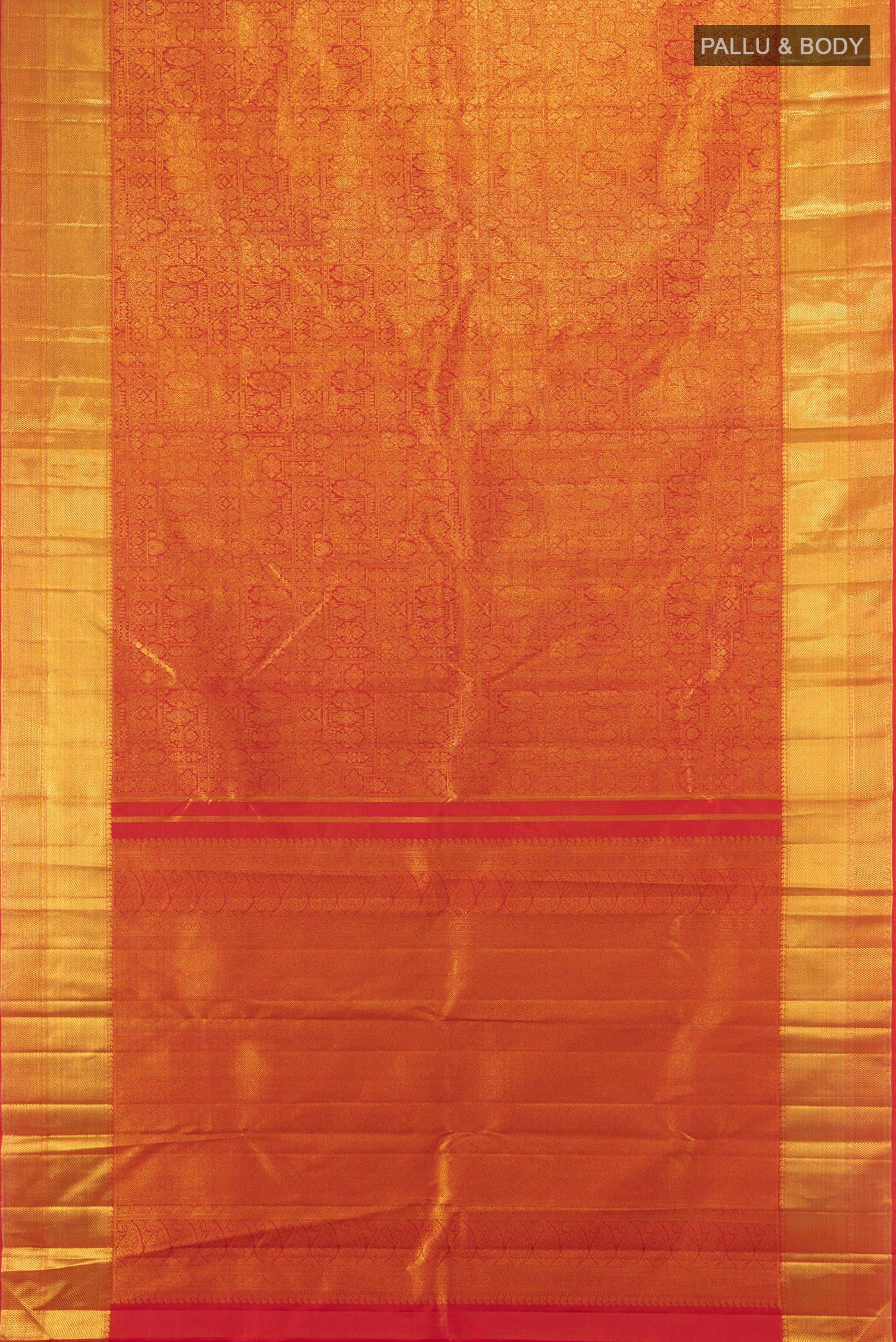Flat view of Pure Silk Pure Zari Brick Orange Kanjivaram Tissue Saree with Zari Brocade on the body and Zari Border. 