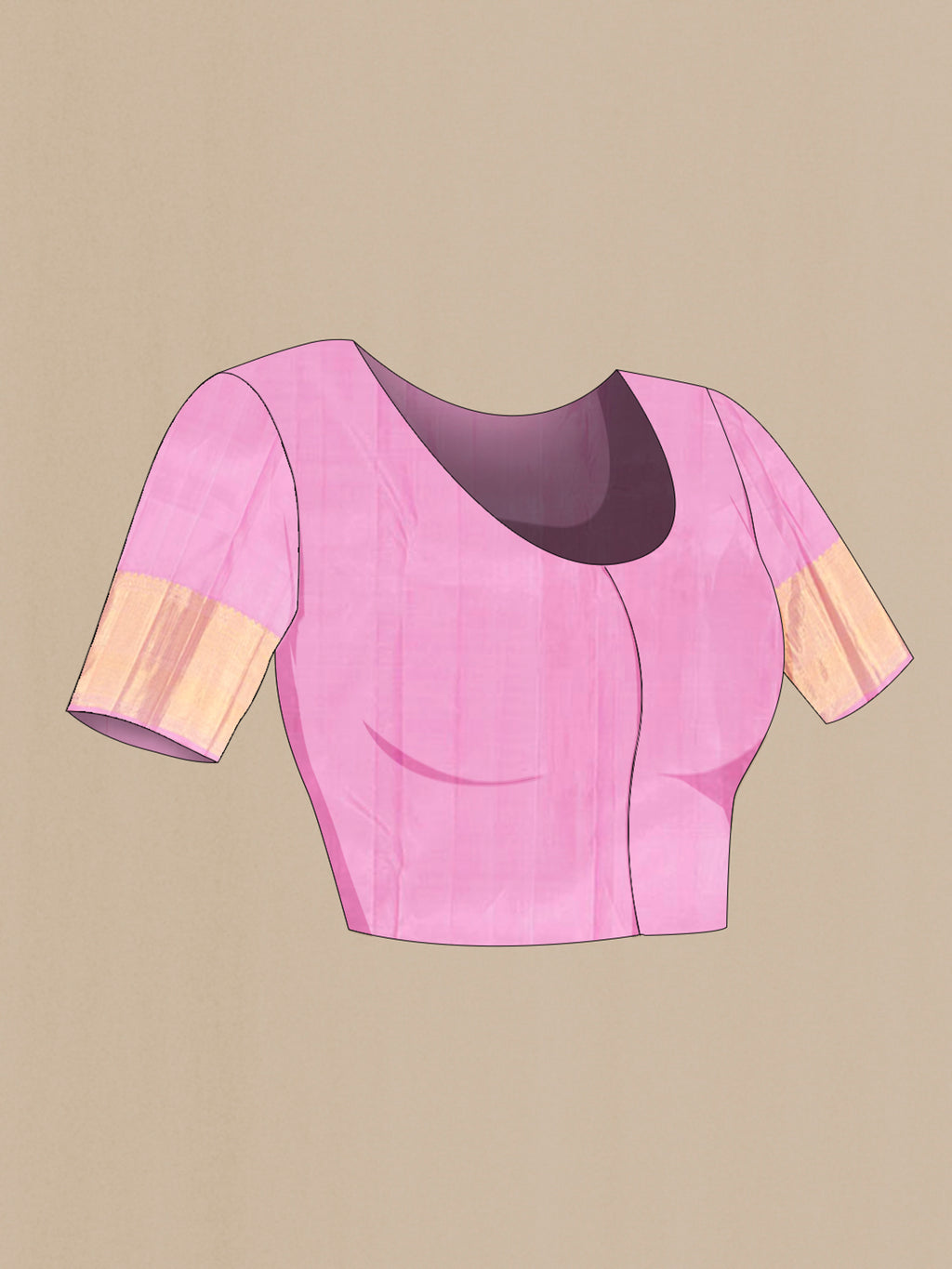 Close up image of the blouse of Pure Silk Pure Zari Rose pink Kanjivaram Saree with Zari Brocade on the body and Zari Border. 
